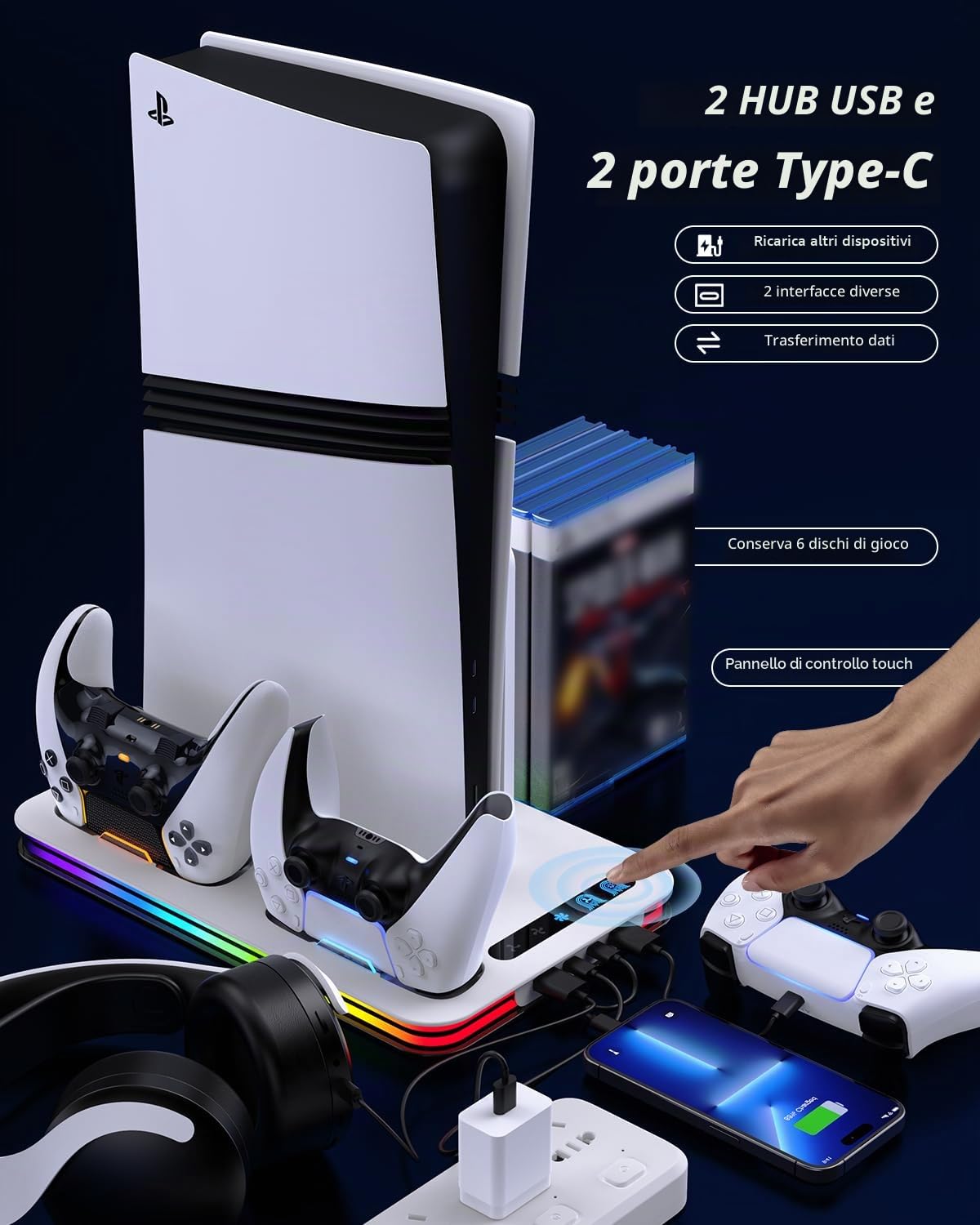 Supporto per PS5/PS5 Slim/PS5 Pro, P5 Verticale Supporto di Raffreddamento con 3 Livelli di Velocità e 8 Luci RGB P5 supporto Verticale con Caricatore Controller PS5, 6 Slot per Giochi