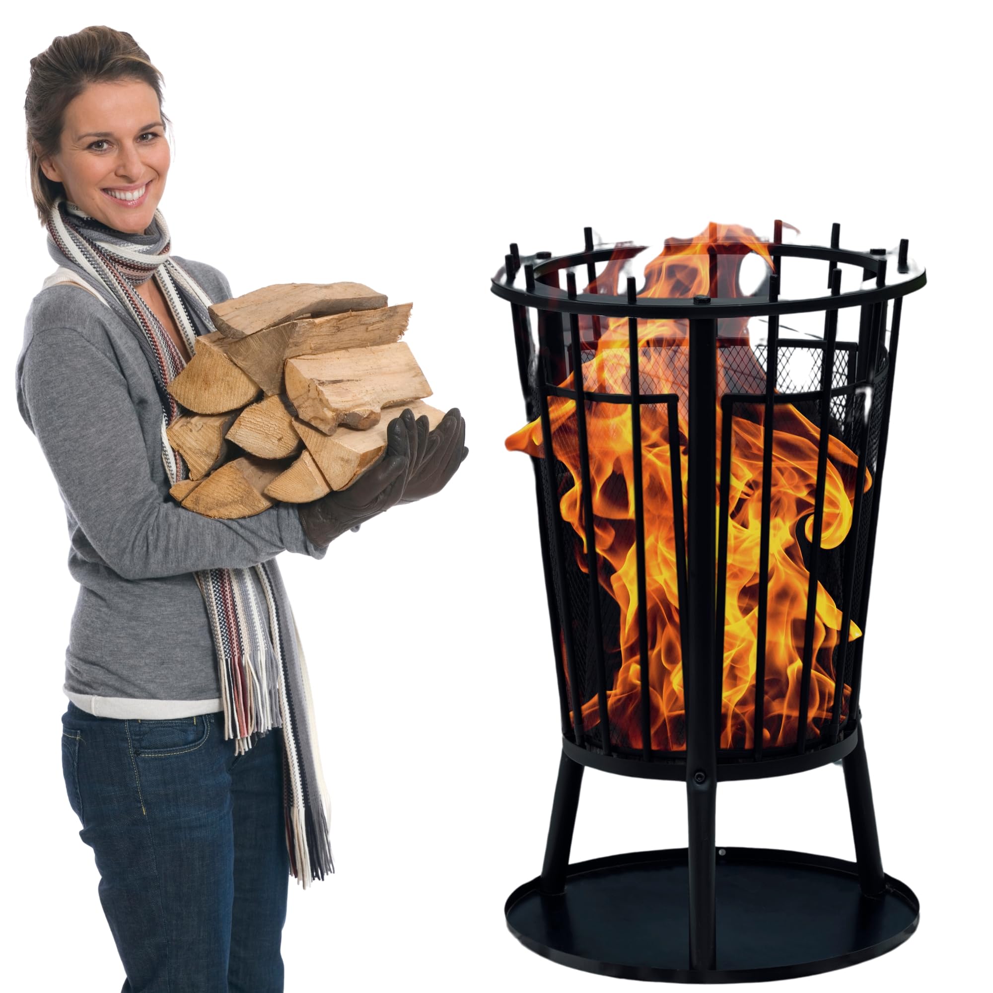 Robuster Feuerkorb Feuerstelle Eisen 61x40 cm Feuerschale mit Funkenschutz und Bodenplatte & HLKauf-Block – Ideal für Lagerfeuer, Garten & auf der Terrasse
