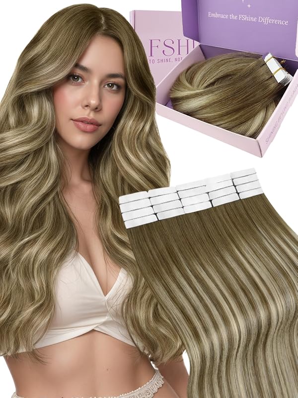 Fshine Extensiones Adhesivas Pelo Natural 20 Pulgadas 50g Cabello Humano Marrón Claro Balayage Rubio Y Marrón Claro Cinta 20Pcs Liso Color 6 60 6