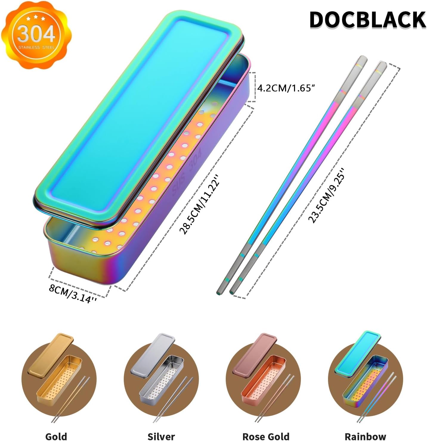 DOCBLACK Stainless Steel Chopsticks with Case, 5 Pairs Reusable Chopstick Dishwasher Safe, Spoon Fork Utensils Storage Box, Square Lightweight Non-Slip Chopsticks Set -Rainbow