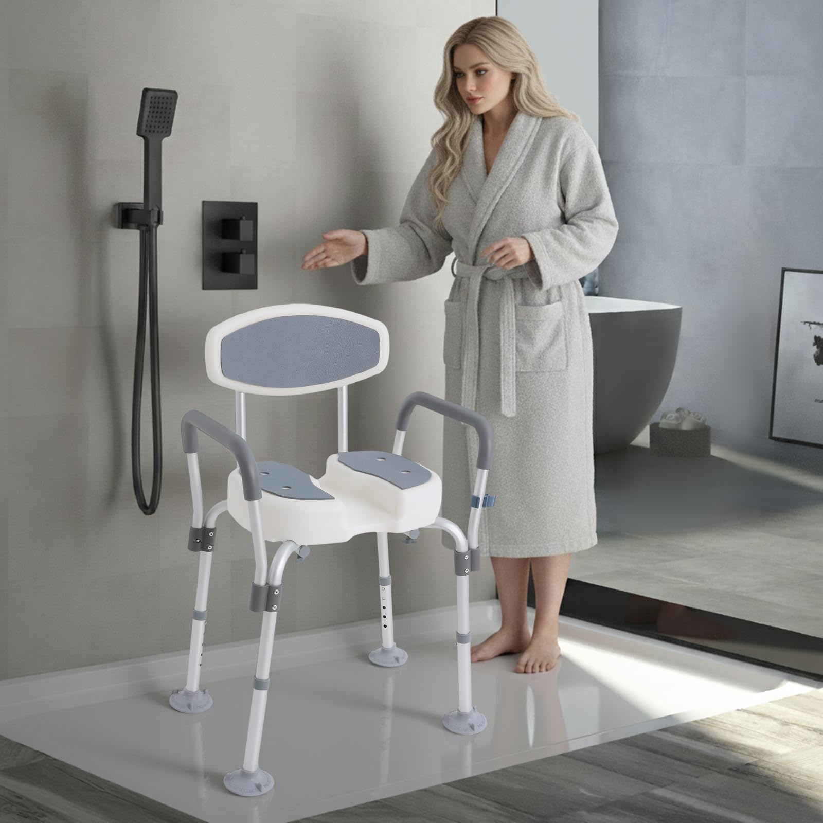 Silla de ducha para personas mayores y embarazadas, taburete de ducha con reposabrazos y respaldo, altura regulable, ayuda de ducha de aluminio, taburete de baño con ranuras y pies antideslizantes