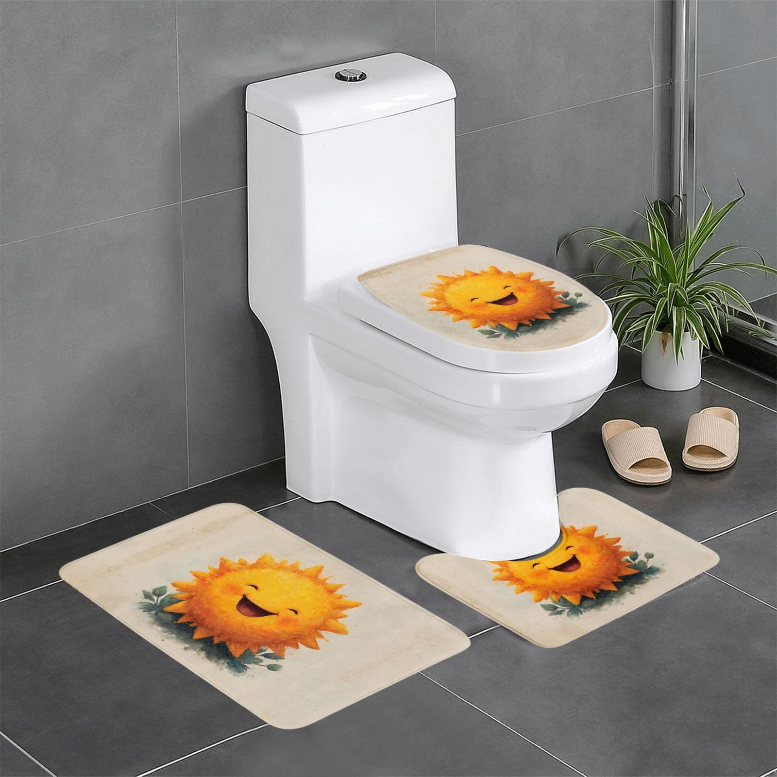 Tapis de salle de bain antidérapants Lot de 3 Motif Soleil pour WC et Baignoire