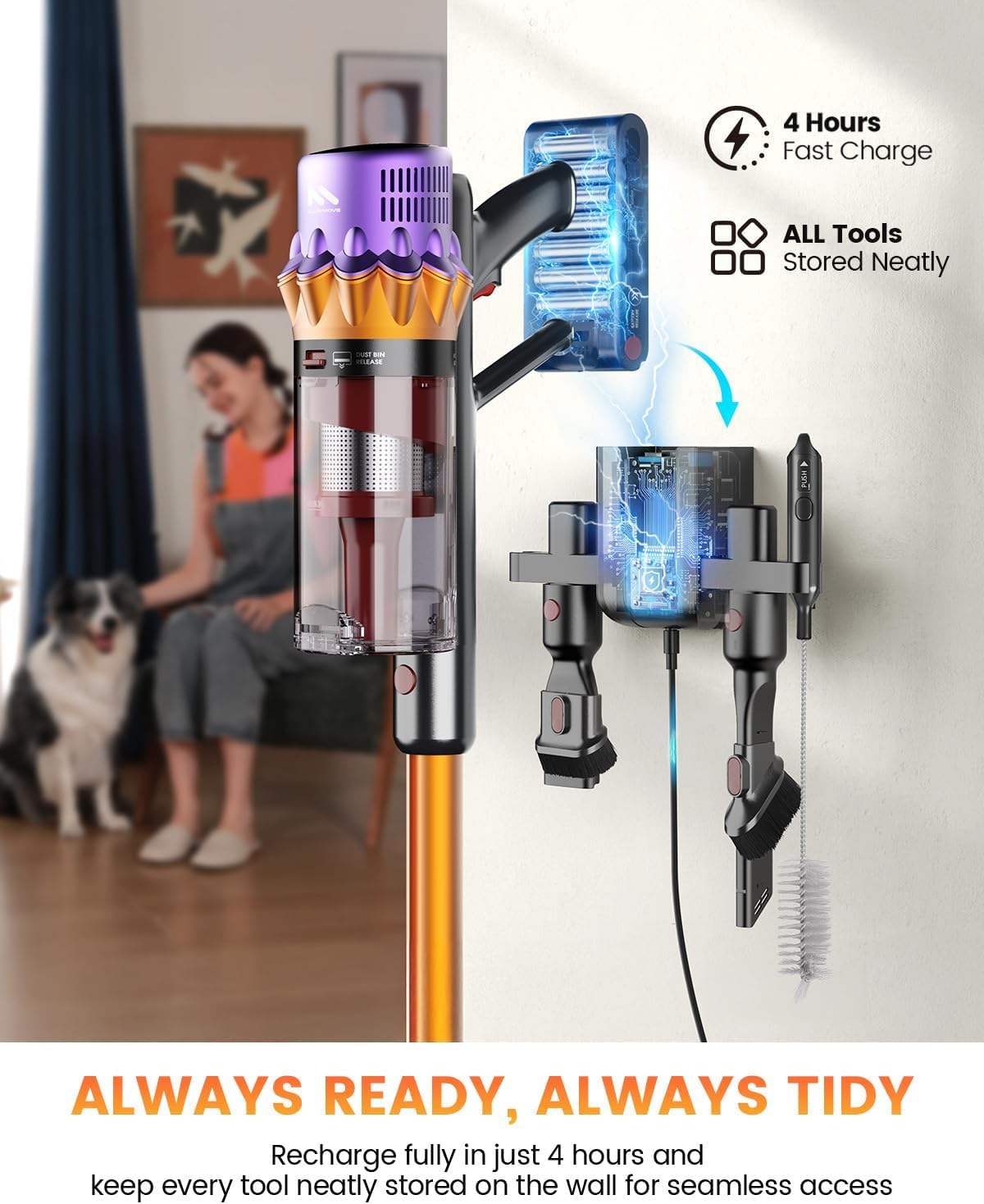 AlloyMove Akku Staubsauger 50000Pa/550W, Staubsauger Kabellos mit Display,Anti-Verwirr-Bürste,Selbststehend,Wandladestation,Geräuscharm, bis 80 Min. Laufzeit, für Tierhaare,Teppiche,Hartböden,Auto