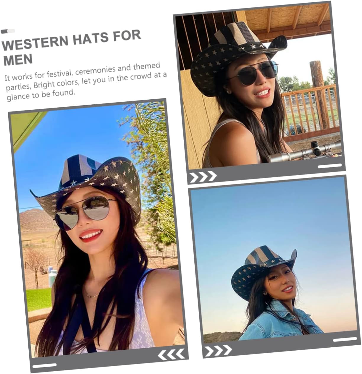 COLLBATH Vintage Unisex Straw Cowboy Hat Western Style American Flag Design Cosplay Festival Hat Woven Paper Material for Outdoor Sports and Themed Parties Black