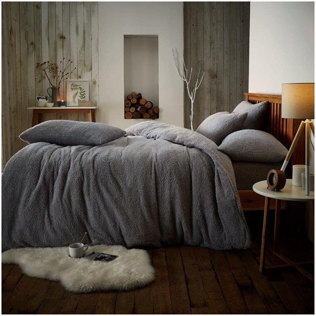 Gc Gaveno Cavailia Silver 3 Pieces Teddy Bear Duvet Cover Kingsize | Super Soft Thermal Quilt Covers Bedset With Matching Pillowcases | Easycare Warm Fluffy Fleece Bedding Set |