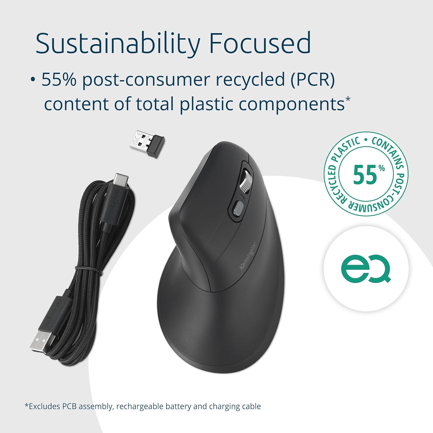 Kensington Pro Fit Ergo MY630 EQ Rechargeable Bluetooth Mouse with 2.4 GHz USB-A Receiver, 55% Recycled (PCR) Content, with up to 4 Months of Battery Life per Charge (K72482WW)