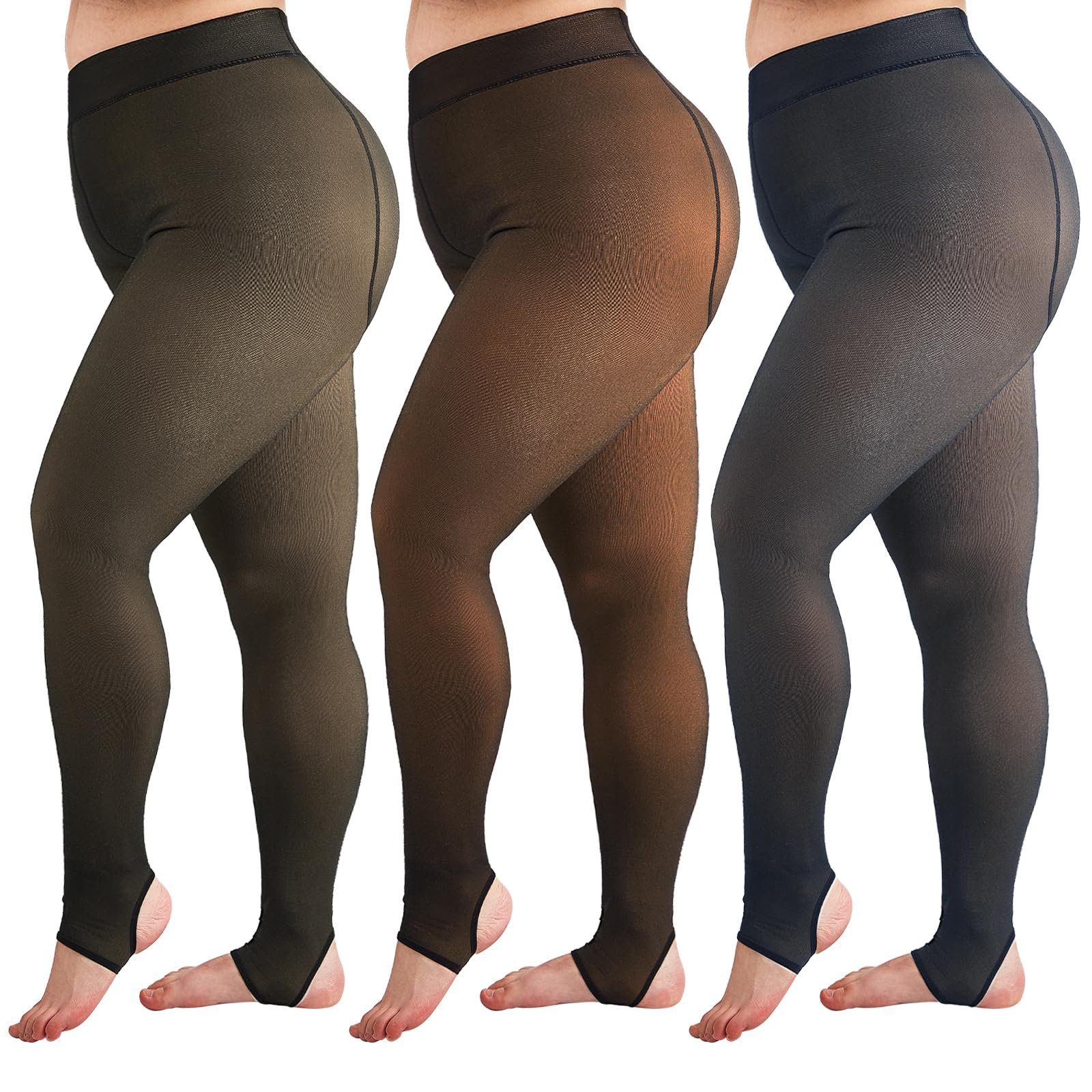 Eurzom 3 Pairs Fleece Lined Stirrup Tights Women Fake Translucent Thermal Elastic Skin Colored Tights Warm Pantyhose