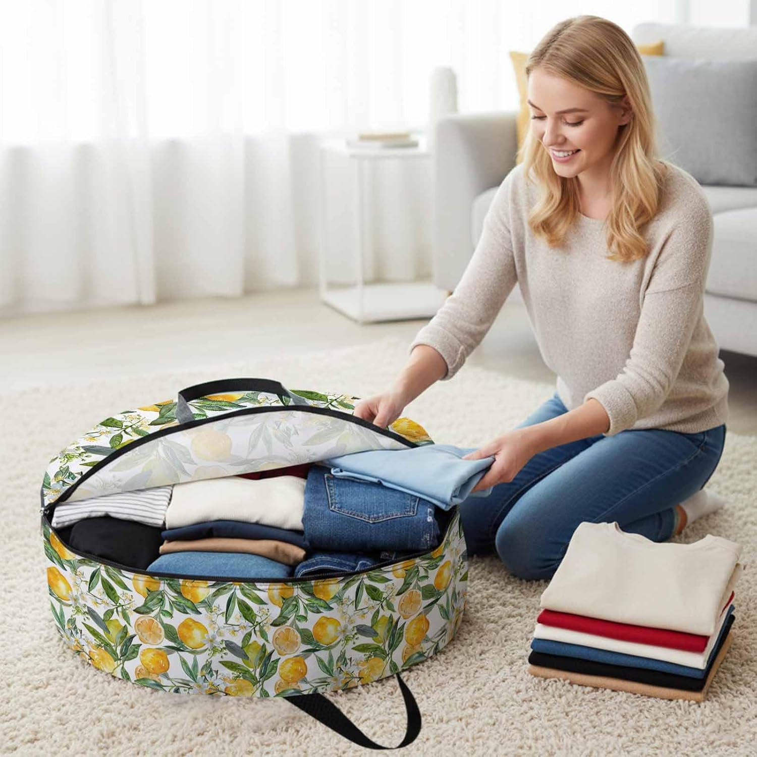 Lemon Round Storage Bag 36 Inch, Spring Summer Leaf Fruit Clothes Storage Container with Handles Heavy Duty Organizer for Comforter, Bedding & Holiday Wreaths