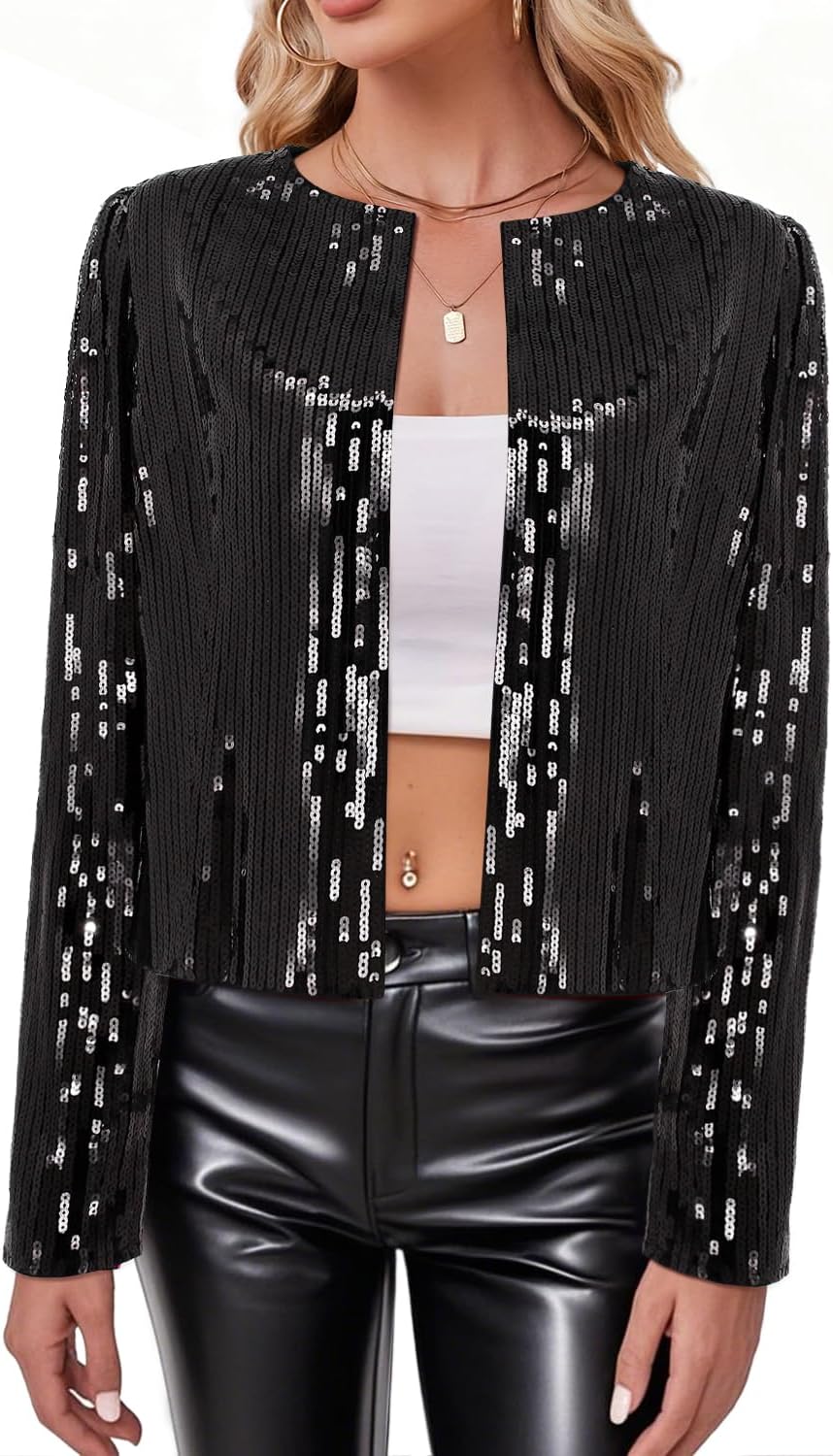 TYNORA Women’s Sequin Jackets Long Sleeve Open Front Coat Glitter Short Blazer Casual Coat Party Club - Image 3