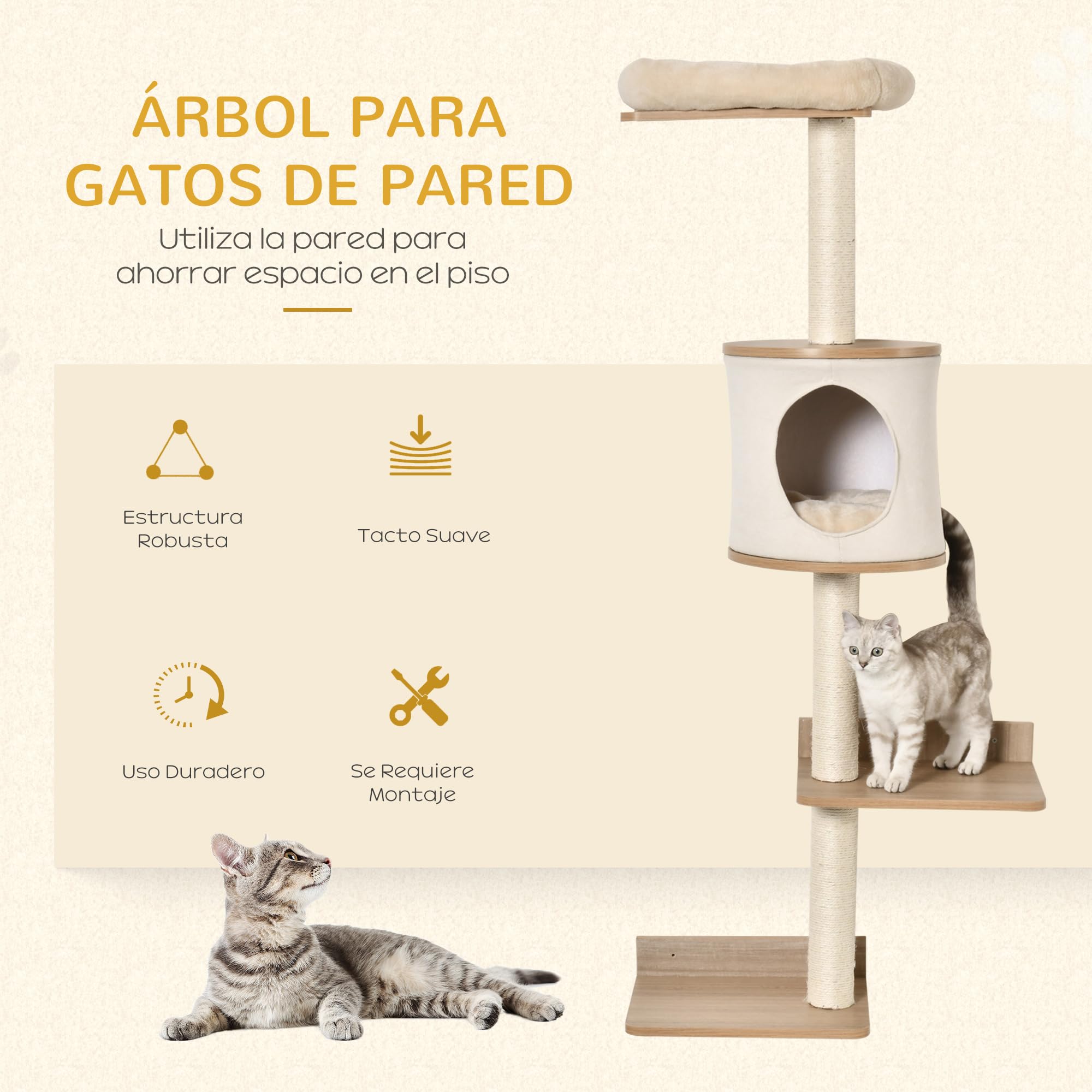PawHut Árbol para Gatos de Pared 38x30x149 cm Torre Cama Cueva Beige Roble | Múltiples Plataformas de Madera, Cama Superior, Cojín Extraíble, Postes Rascadores de Sisal, Torre para Escalar