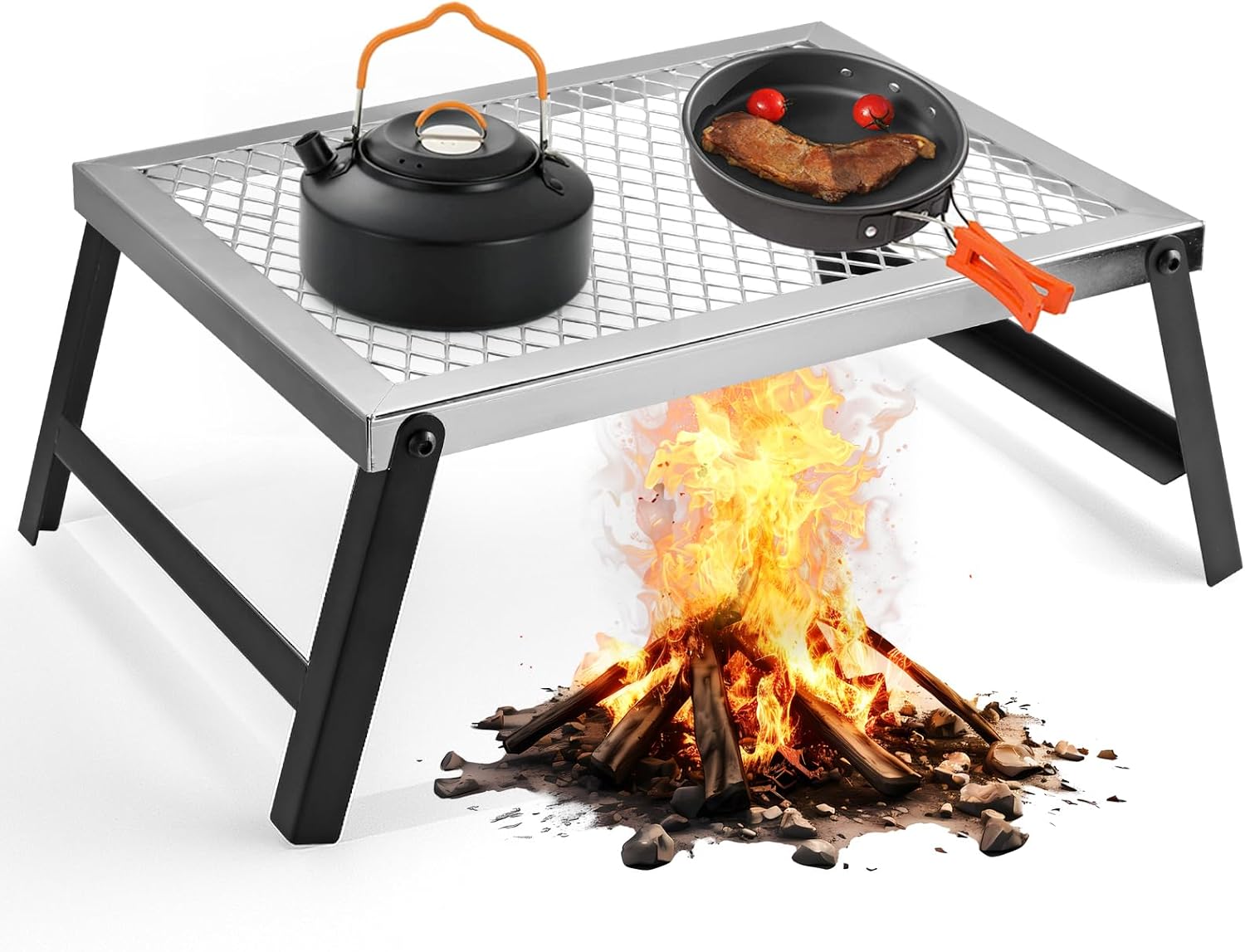 Anbte Folding Campfire Grill, 16″ x 12″ Heavy Duty Steel Mesh Grate Chrome Finish with Folding Legs, Portable Campfire Cooking Equipment, for Camping Outdoor BBQ Cooking Open Fire, Silver Anbte Folding Campfire Grill, 16″ x 12″ Heavy Duty Steel Mesh Grate Chrome Finish with Folding Legs, Portable Campfire Cooking Equipment, for Camping Outdoor BBQ Cooking Open Fire, Silver