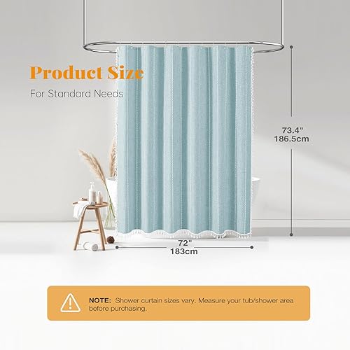 Vista 7 de BTTN Boho Farmhouse Shower Curtain, Linen Rustic Weighted Striped Fabric Shower Curtain with Tassel, Water Repellent, Modern Bohemian Vintage Cloth