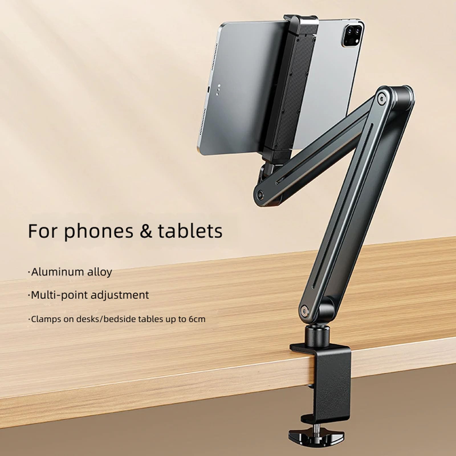 Soporte de escritorio para teléfono y tabletas con soporte de abrazadera, soporte plegable de metal para videollamadas, clase, trabajo de escritorio y pantalla
