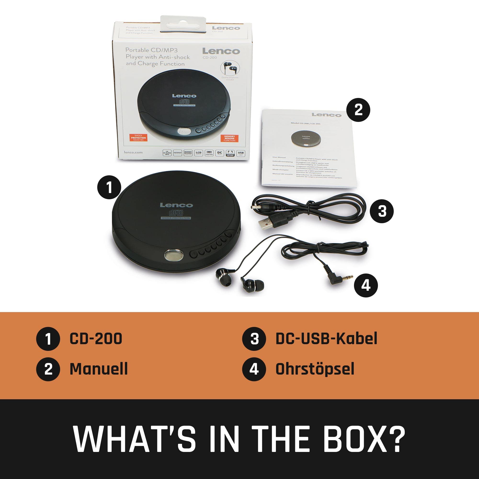 Lenco CD-200 - CD-Player - Auch für Kinder - Discman - Tragbar | CD Spieler- LCD-Display - Anti shock - Hörbuchfunktion - Kopfhörer - H USB-Ladekabel - Schwarz