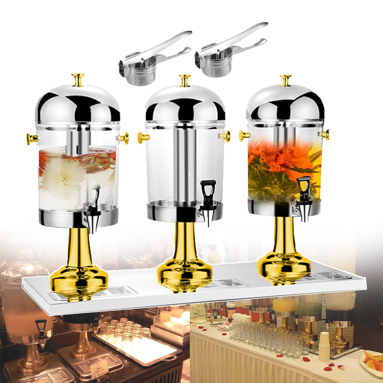 HCZKIUJY Commercial Beverage Cold Drink Dispenser, Soy Milk Flower Tea Coffee Dispensers, Self-Service Fruit Juicer, with Drip Tray & Faucet Design, Capacity: 24L,Silver (Gold)