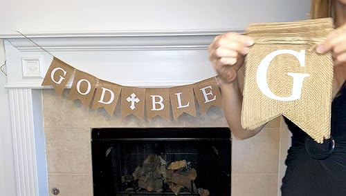 Miniatura 5 de Shimmer Anna Shine Cartel de arpillera "God Bless" Decoración cristiana rústica para baby shower, bautismo, bautismo y primera comunión (impresión