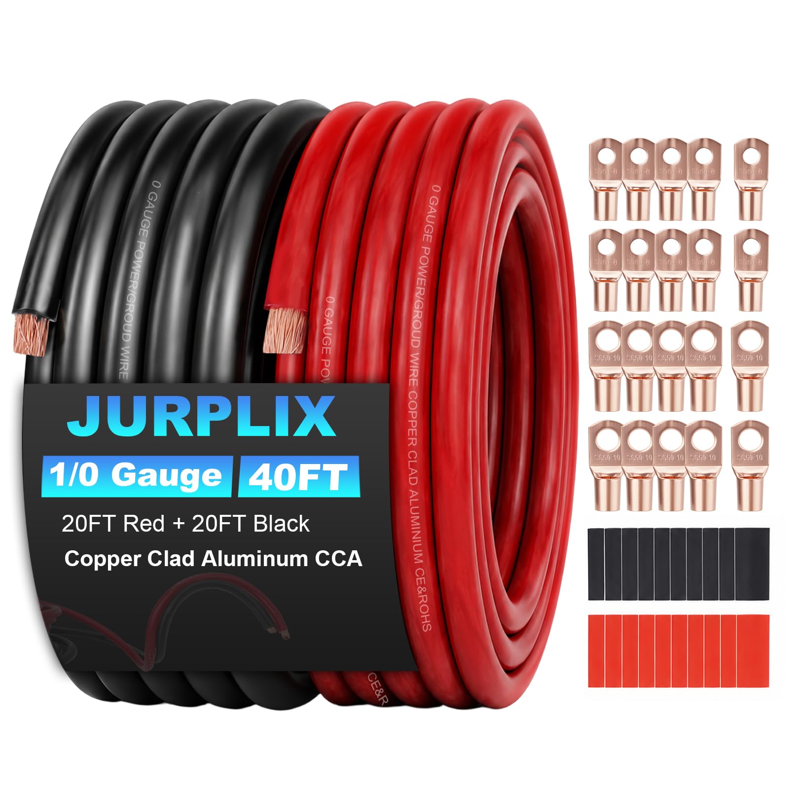 JURPLIX 1/0 AWG Battery Cable Kit (20FT Red + 20FT Black)