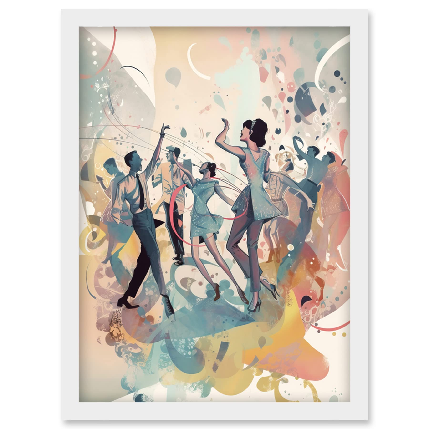 Artery8 People Dancing to Music on the Dancefloor Modern Soft Pastel Watercolour Painting Artwork Framed Wall Art Print A4