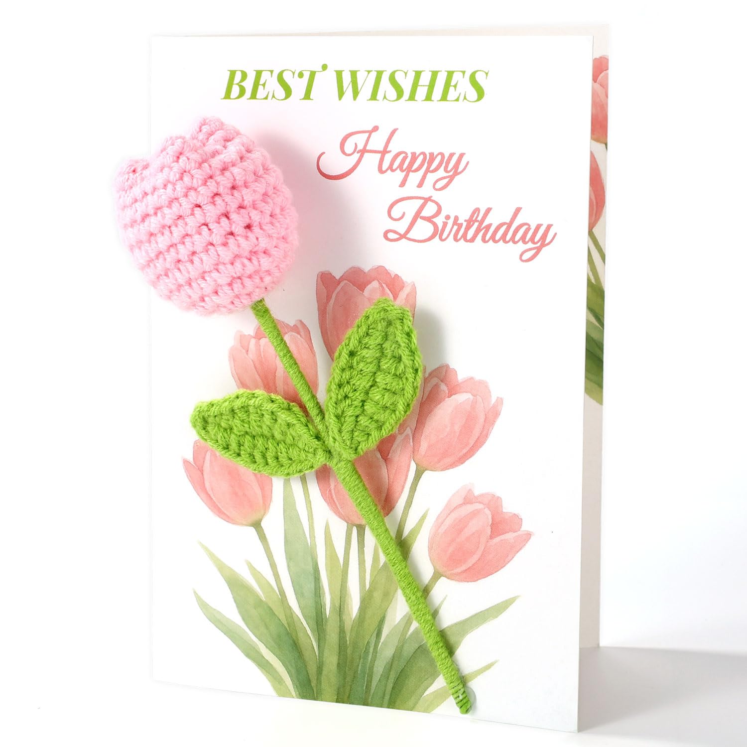 Crochet Tulip Birthday Card for Women, Handmade 3D Textured Floral Greeting Card with Knitted Flower for Mom Wife Daughter Friend