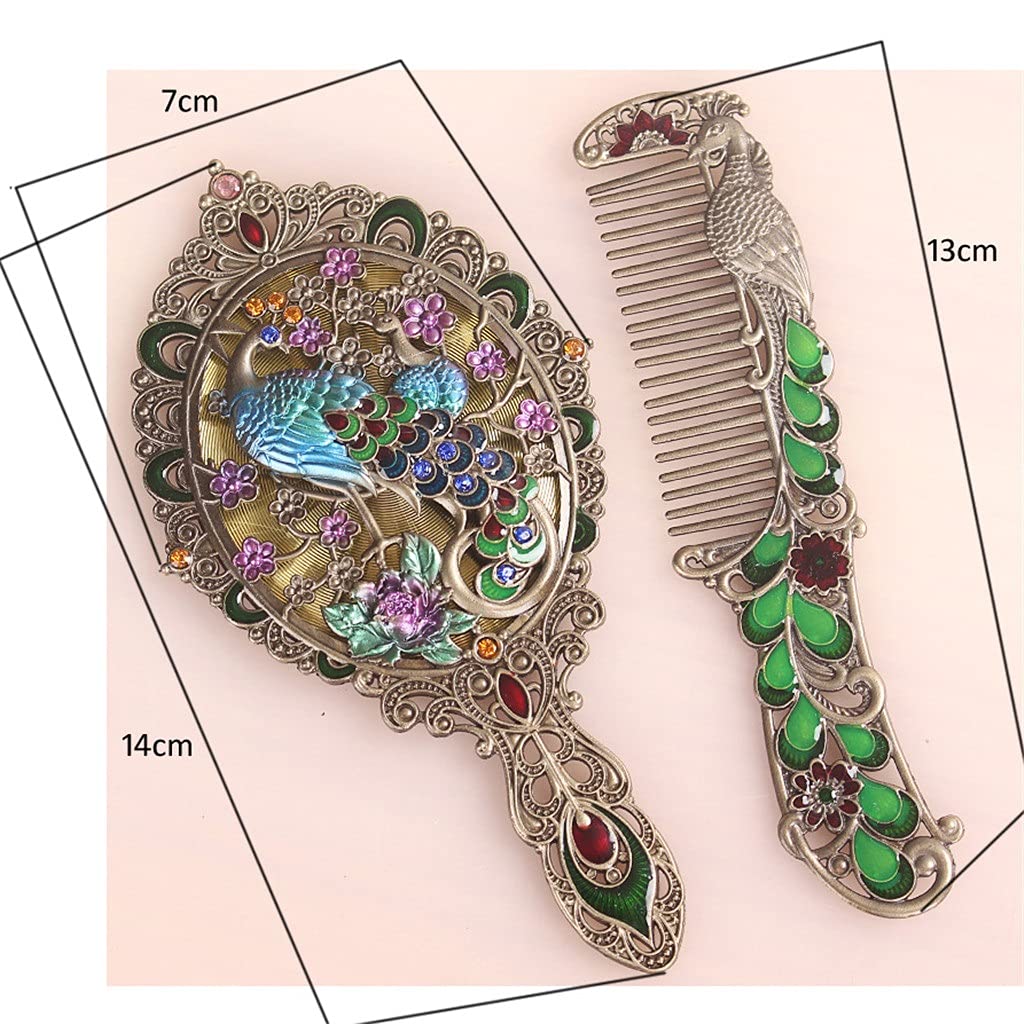 Antikes Messing mit grün-blauem, handbemaltem und juwelenbesetztem Pfauen-Design, faltbarer Handspiegel und Kamm aus Metall (Farbe: B)