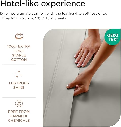 Miniatura 5 de Threadmill - Sábanas de 800 hilos tamaño matrimonial, 100% de algodón, sábanas de tejido satinado color gris Moonrock, conjunto de 4 piezas, se
