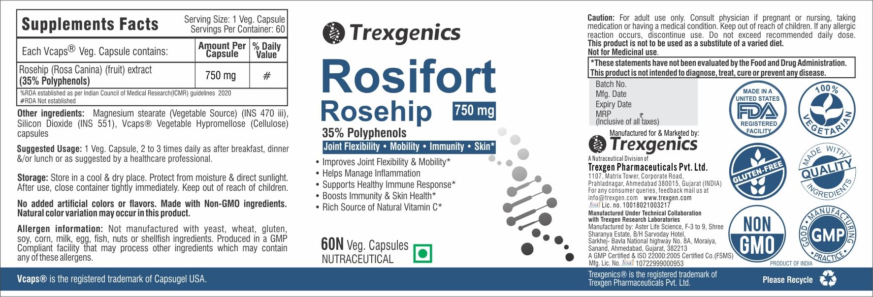 Trexgenics ROSIFORTE Rosehip 35% Polyphenols 750 mg Immunity, Skin, Joint Pain Support VEGAN & NON-GMO (60 Veg. Capsules) (Pack of 1)