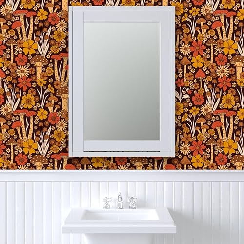 Miniatura 9 de Spoonflower Papel tapiz de despegar y pegar - flor de estilo vintage, retro floral, hippie de los años 70, hongo de los años 70, marrón naranja