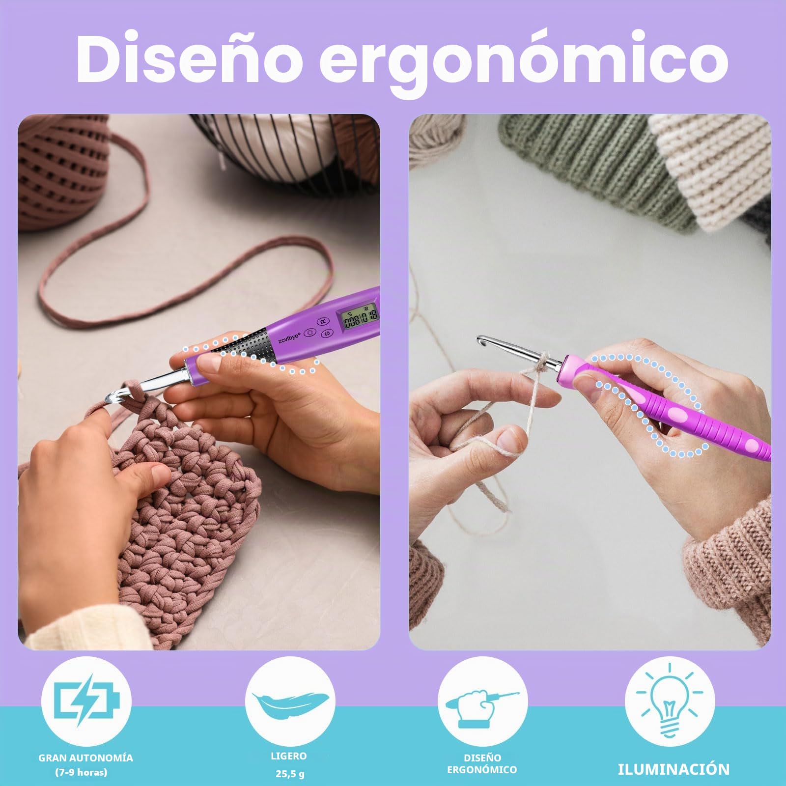 Juego de agujas ergonómicas de ganchillo 24 en 1 con luz LED y contador, cabezales intercambiables de metal y plástico 2-14 mm, agujas de hilo, marcadores y regla