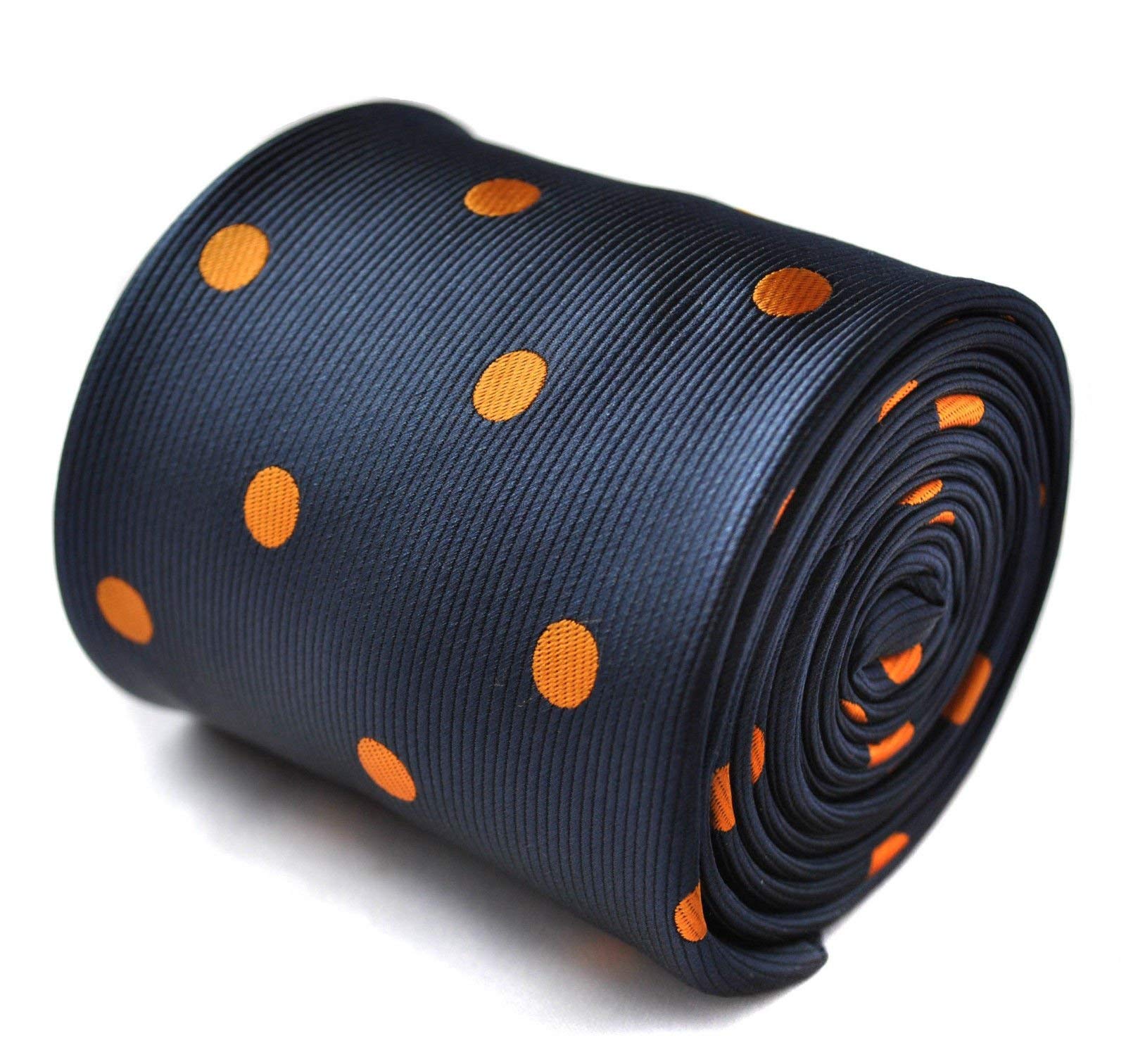 Frederick Thomas Navy Tie with Orange Polka Spots and Signature Floral Rear Design – 8cm Wide and 147cm Long, Men’s Necktie for Office, Weddings, Formal Events