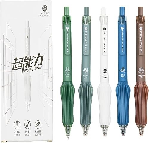 Maydahui 10 bolígrafos de gel Superpower de 0.020 in AS bolígrafo con símbolos mágicos antiguos, agarre de silicona suave, tinta negra de baja