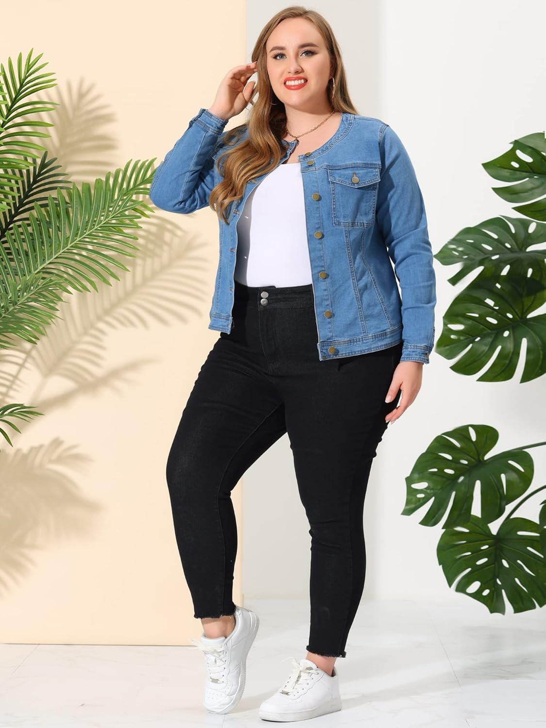 Agnes Orinda Denim Jacket for Women Plus Size Collarless Long Sleeve Button Down Jean Jacket 2025 Western Outfit - Image 4