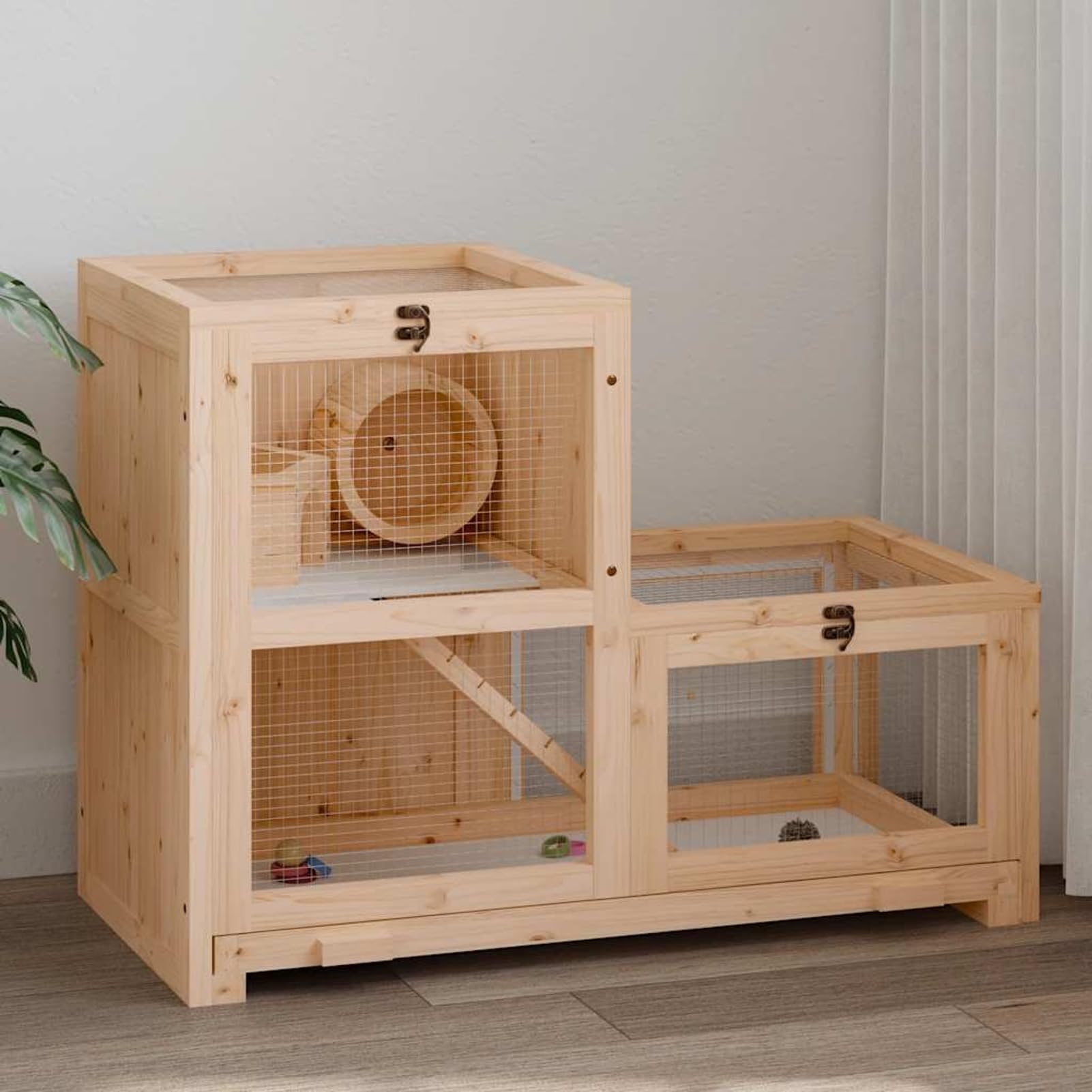Homgoday Jaula de Madera para Hamster con Rueda de Correr y 2 Niveles - Casa de Juego y Descanso para Mascotas Pequeñas