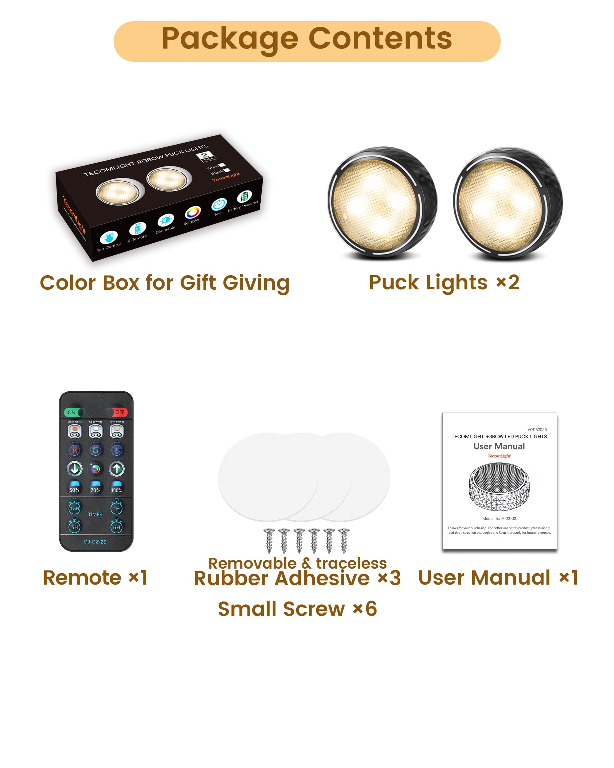 Luci LED Puck a batteria, luci senza fili per armadio, luci da incasso, con telecomando, cambiano colore sotto le luci da cucina, libreria, confezione da 2, colore nero
