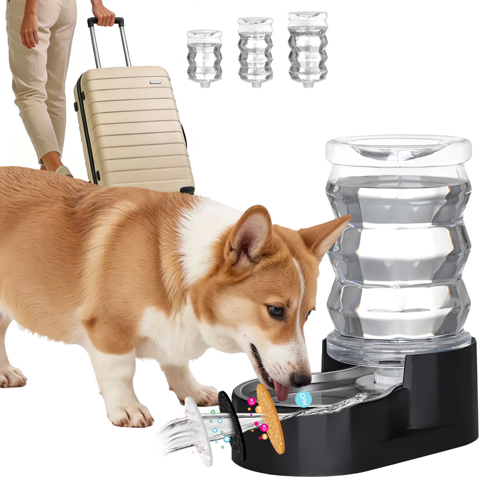 RIZZARI 7L Dog Water Bowl Dispenser:Black Stainless Steel Gravity Bowl