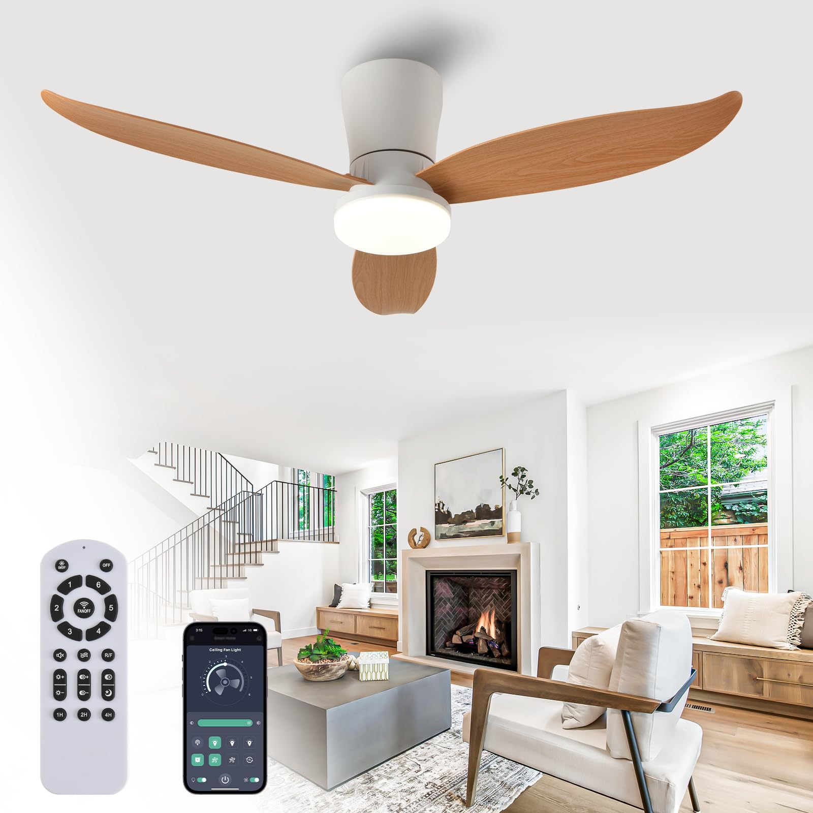 42" Ceiling Fan with Light, APP & Remote, Dimmable LED, Reversible DC Motor