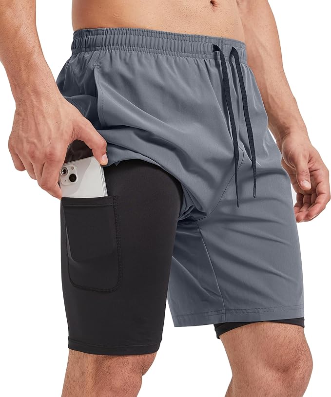voofly Men’s 2 in 1 Running Shorts 7" with Compression Liner Quick Dry Elastic Drawstring Lightweight Athletic Shorts Gray