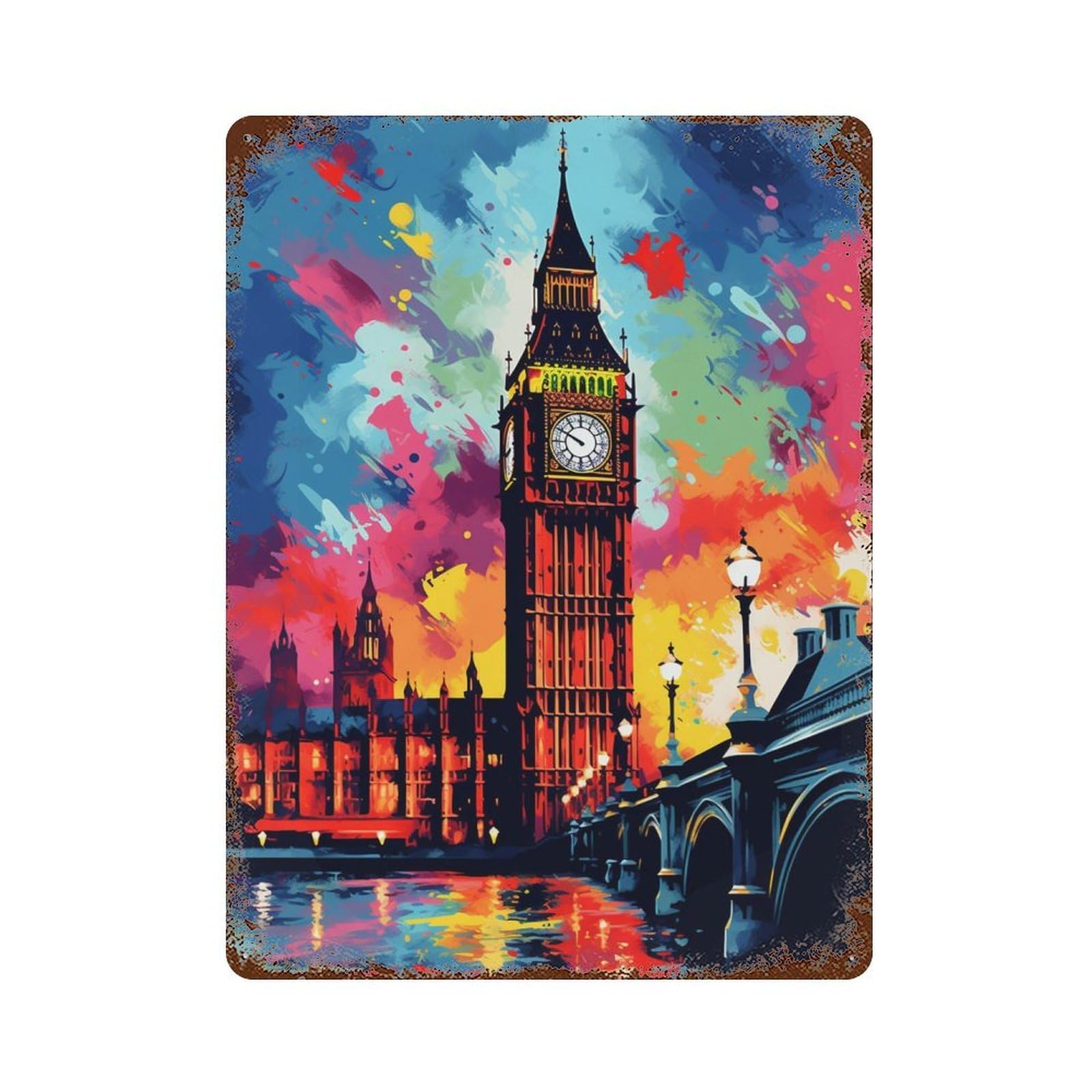 Colorful London Skyline 15.7"x11.8" Vintage Rust Metal Sign, Shabby Chic Decor for Cafe, Home Bar And Lounge Decor