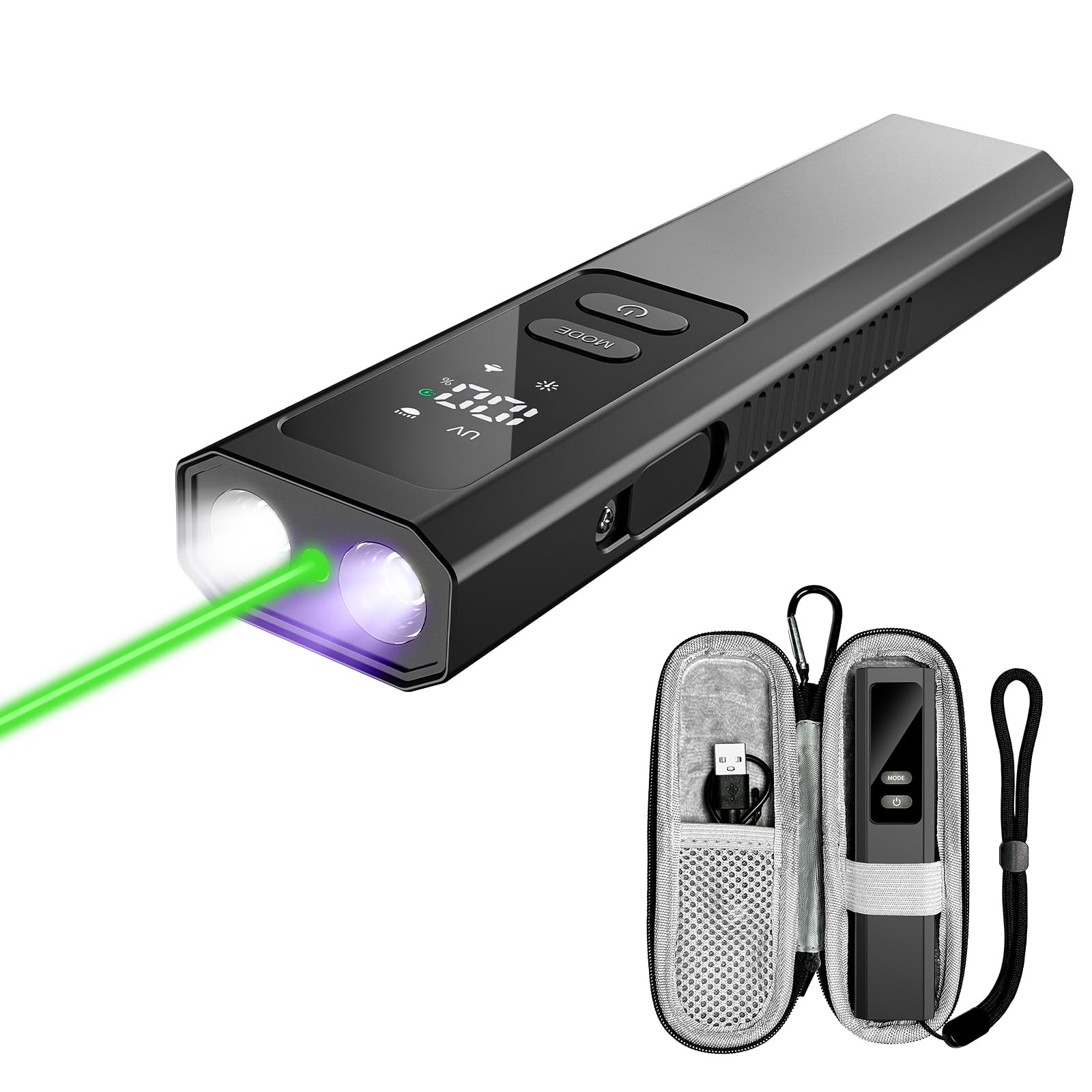 Green Laser Flashlight with UV, Magnetic Rechargeable Work Light (Black) | Aluminum Body,High Lumens,Laser Flashlight