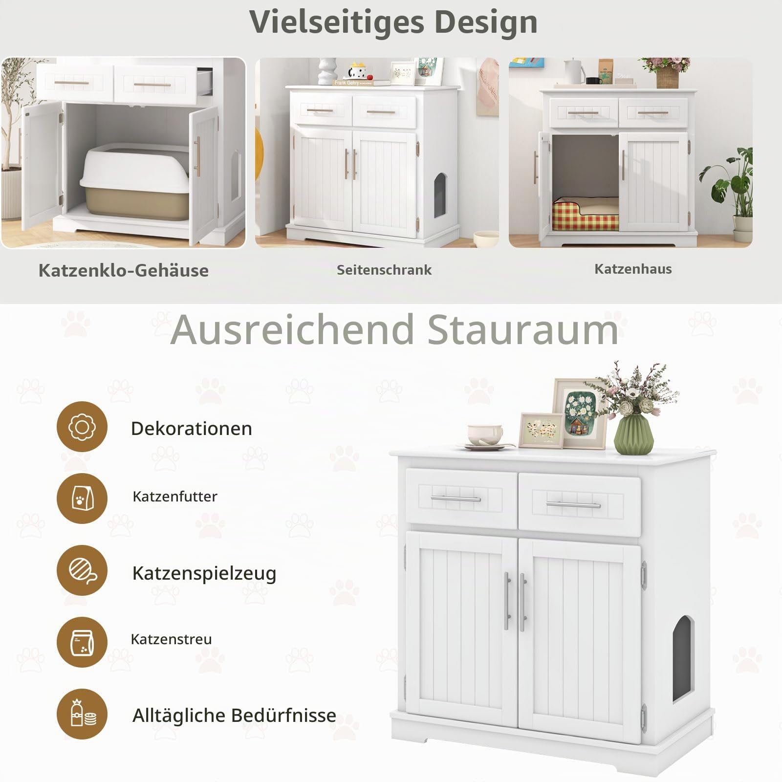 SOARS Katzenschrank, Katzenklo Schrank 3 in 1 mit 2 Türen und 2 Schubladen, Anti-Kipp-Vorrichtung & Seiteneingang, Katzenhaus Katzenhöhle Katzenkommode für Innenbereich, 80 x 45 x 80 cm