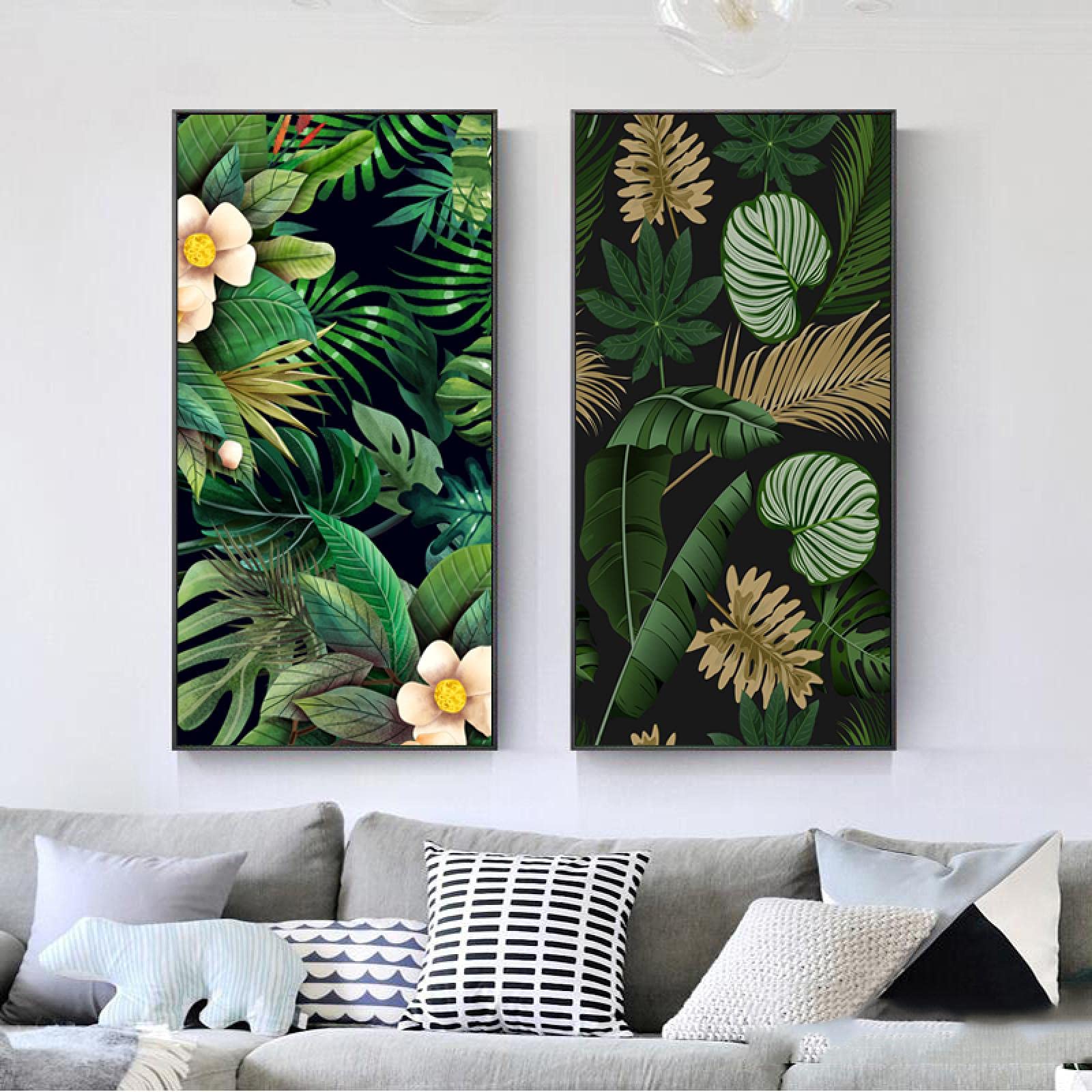 Impreso en lienzo Hojas verdes Flores Carteles Plantas tropicales Pintura Arte de la pared Imágenes Sala de estar Decoración del hogar 60x120cmx2pcs Marco interno