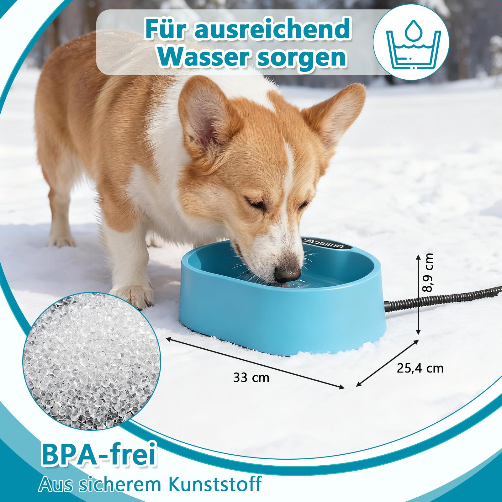 Beheizter Wassernapf 3,7 L Frostschutz Hunde Katzen Hühner, 35 °c Konstante Temperatur, Beheizter Wassernapf Hunde Mit 2m/6.56ft Anti-Biss-Kabel, Wasserdicht, Ideal Für Winter, Balkon, Stall, Garten