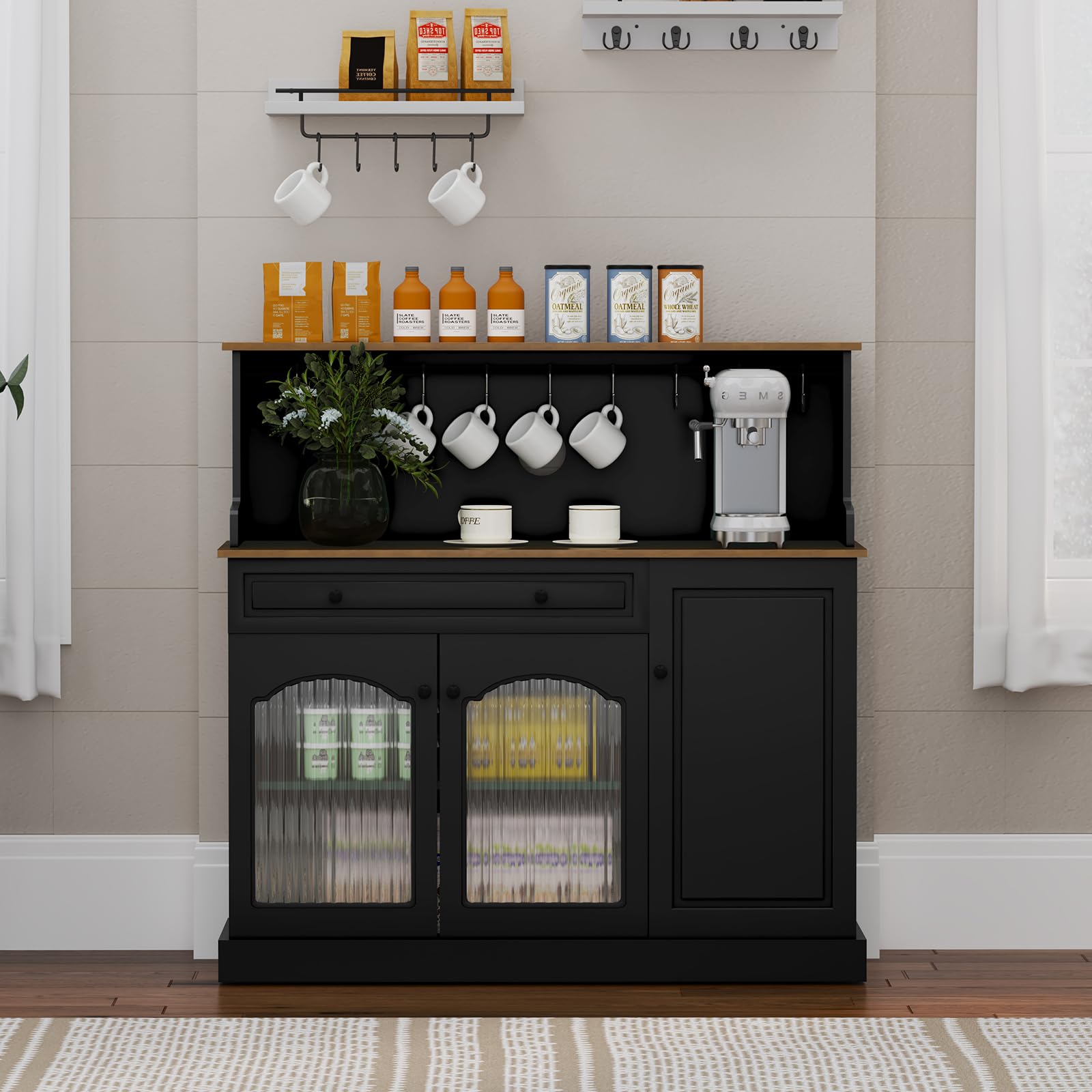 HOLTICO Credenza da Cucina Multifunzione, Armadietto per Microonde con Cassetto e Ganci per Tazze, Buffet Moderno per Soggiorno e Sala da Pranzo, Colore Nero Scuro