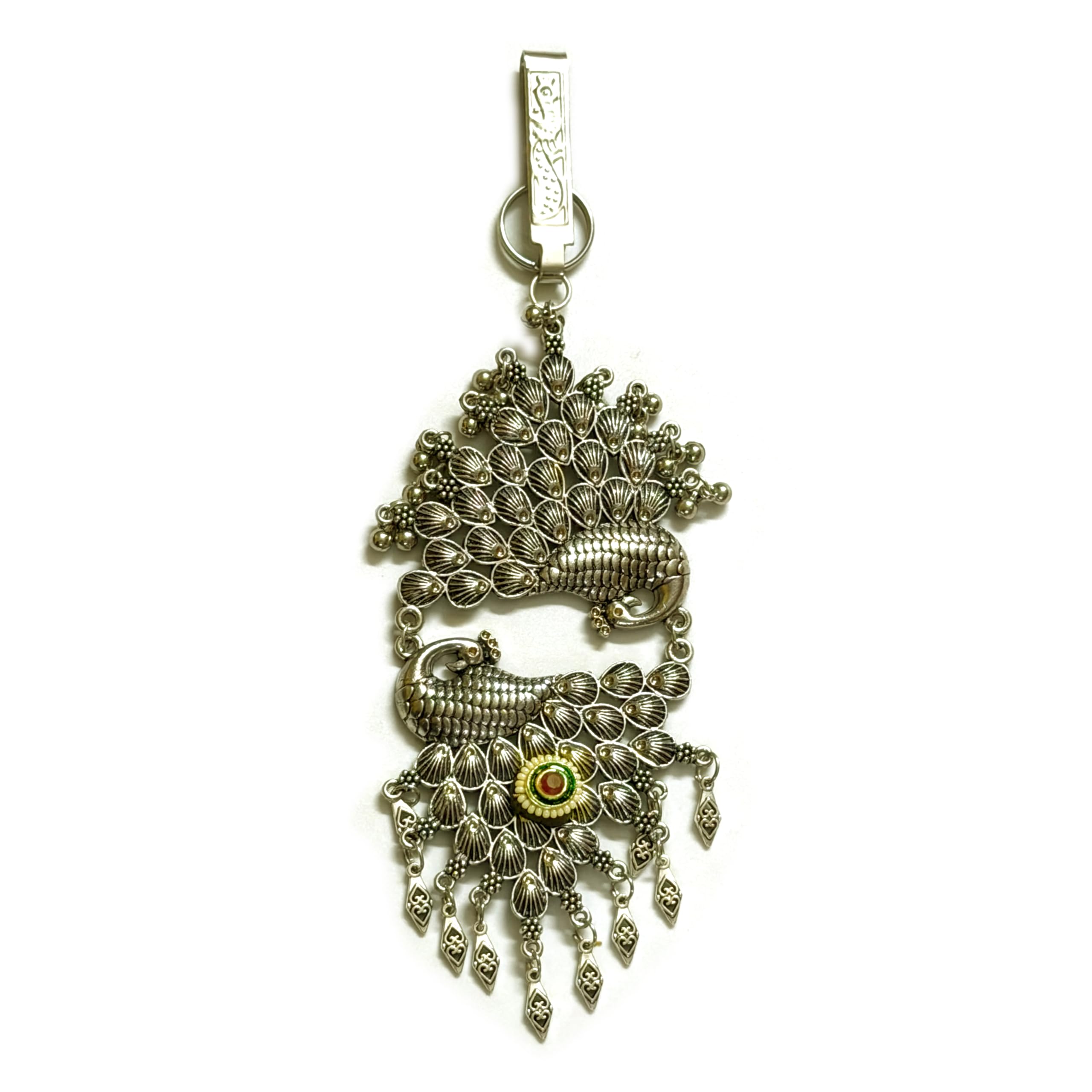 Oxidised Peacock Waist Accessory for Women, Ethnic Kamarbandh Charm, Saree Clip with Decorative Hanging Charms-image-35