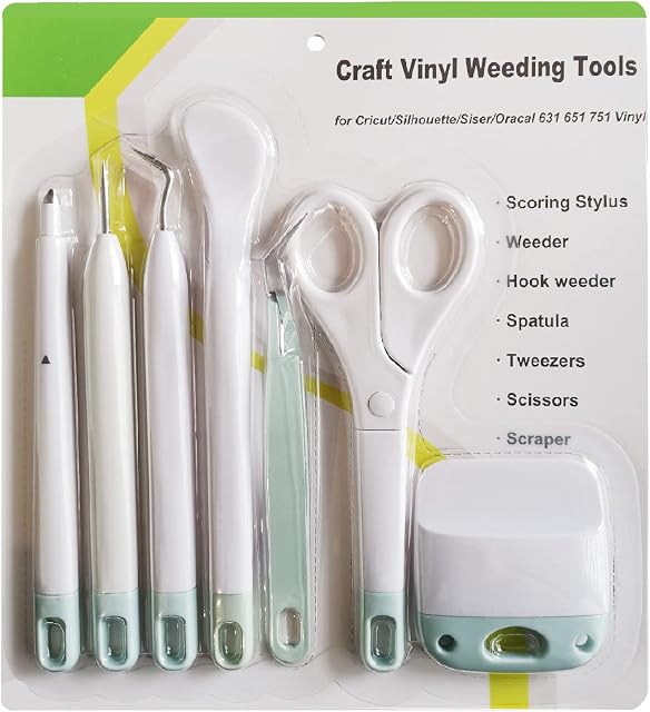 Craft Vinyl Weeding Tools Set,Precision Tool Kit for Crafting and DIYs, Scissor,Tweezers,Weeders,Scraper,Spatula,Scoring Stylus Pen for Cricut,Scrapbooking,Silhouettes and Cardstock,7 pcs Mint