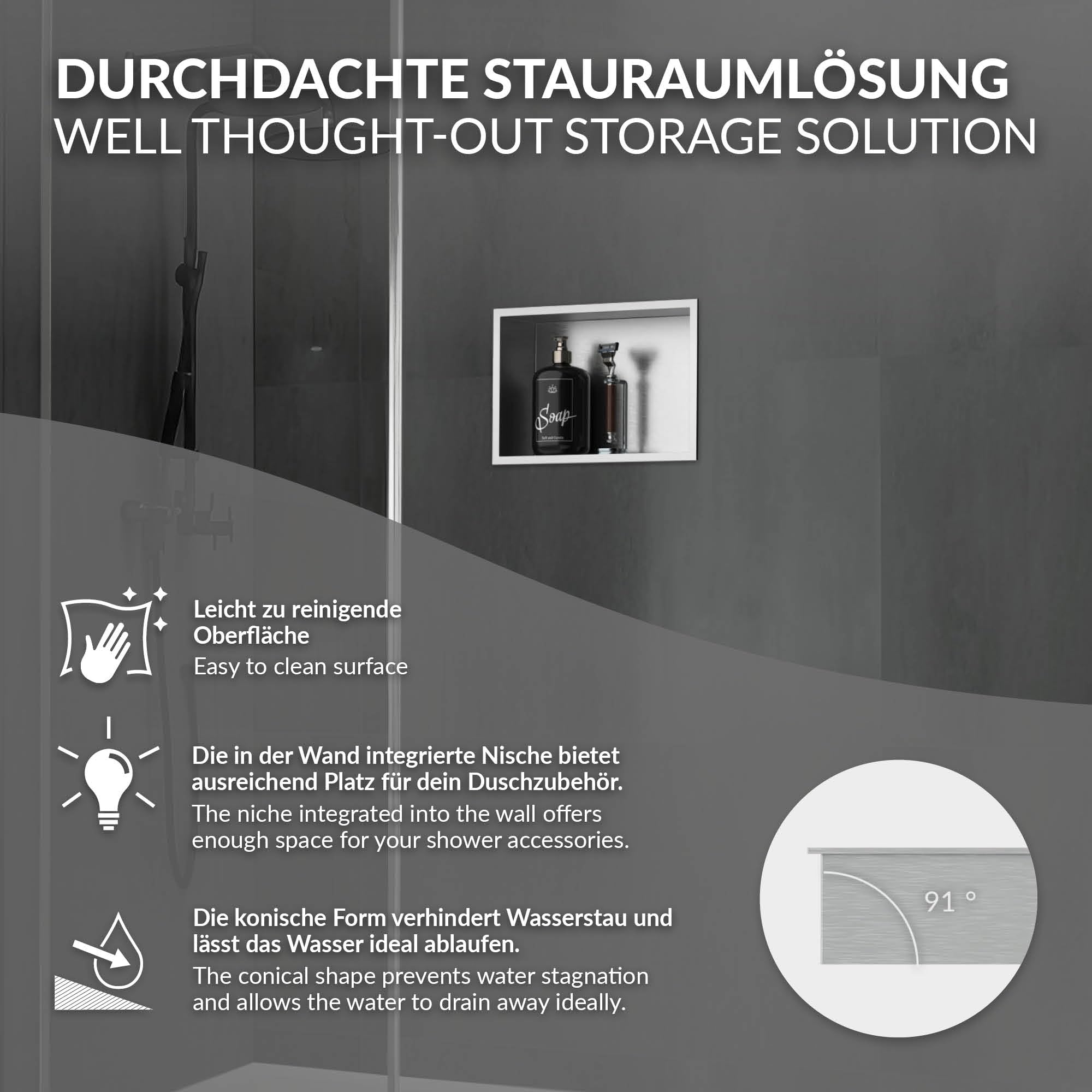 LuxeBath Nicchia a Muro in Acciaio Inox 20x30x10 cm Argento Nicchia per Doccia con Telaio Ripiano Incorporato