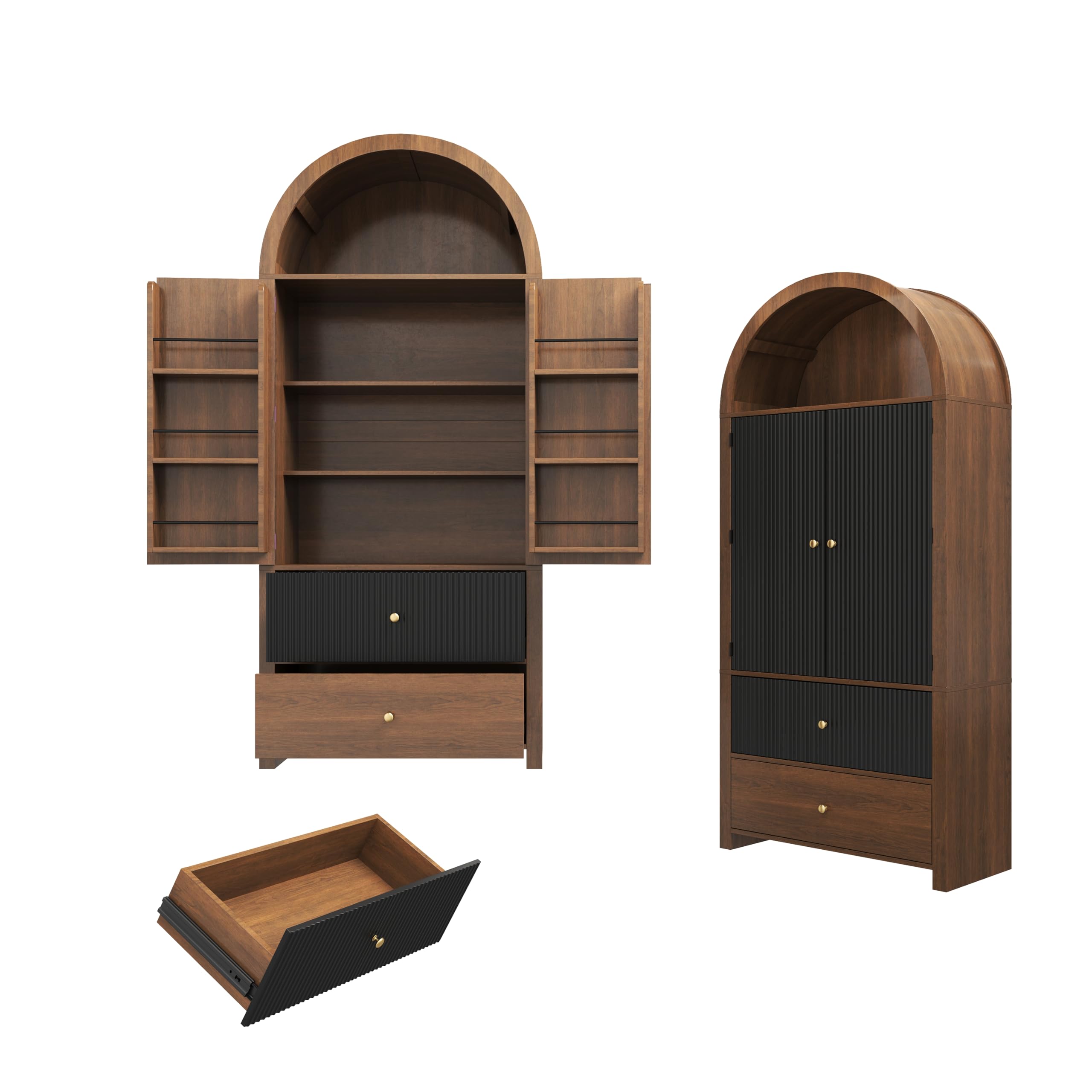 Armario arqueado 180 × 80 × 40 cm, vitrina, armario para vino, con estantes para puerta, compartimento superior abierto, 2 cajones, para cocina, comedor, salón, dormitorio, aspecto de nogal