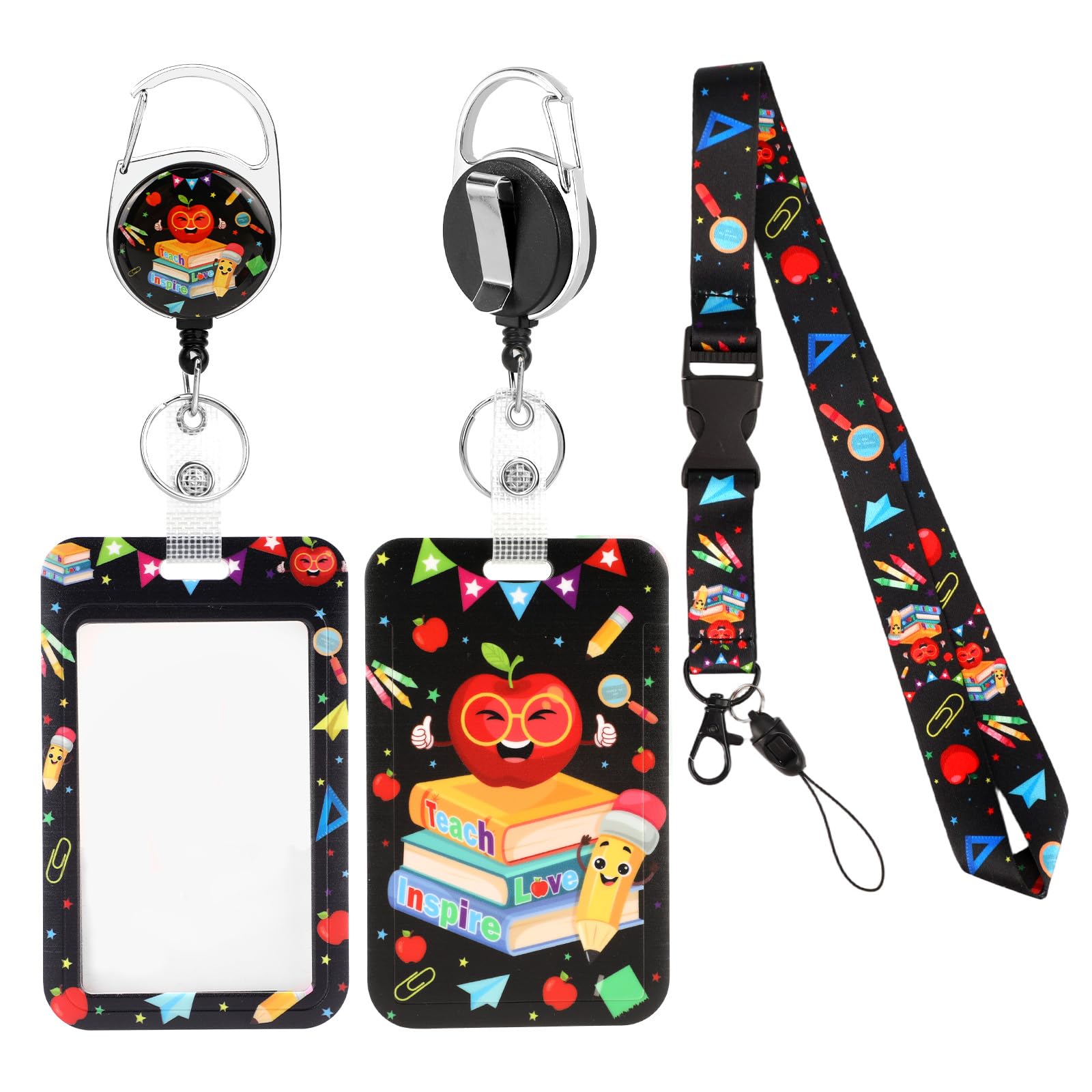 Teacher Lanyard with ID Holder, Cute Apple Teacher Badge Holder Retractable Badge Reel with Carabiner Clip Cute Breakaway Lanyard ID Card Protector for Women Student Nurse Office Gifts