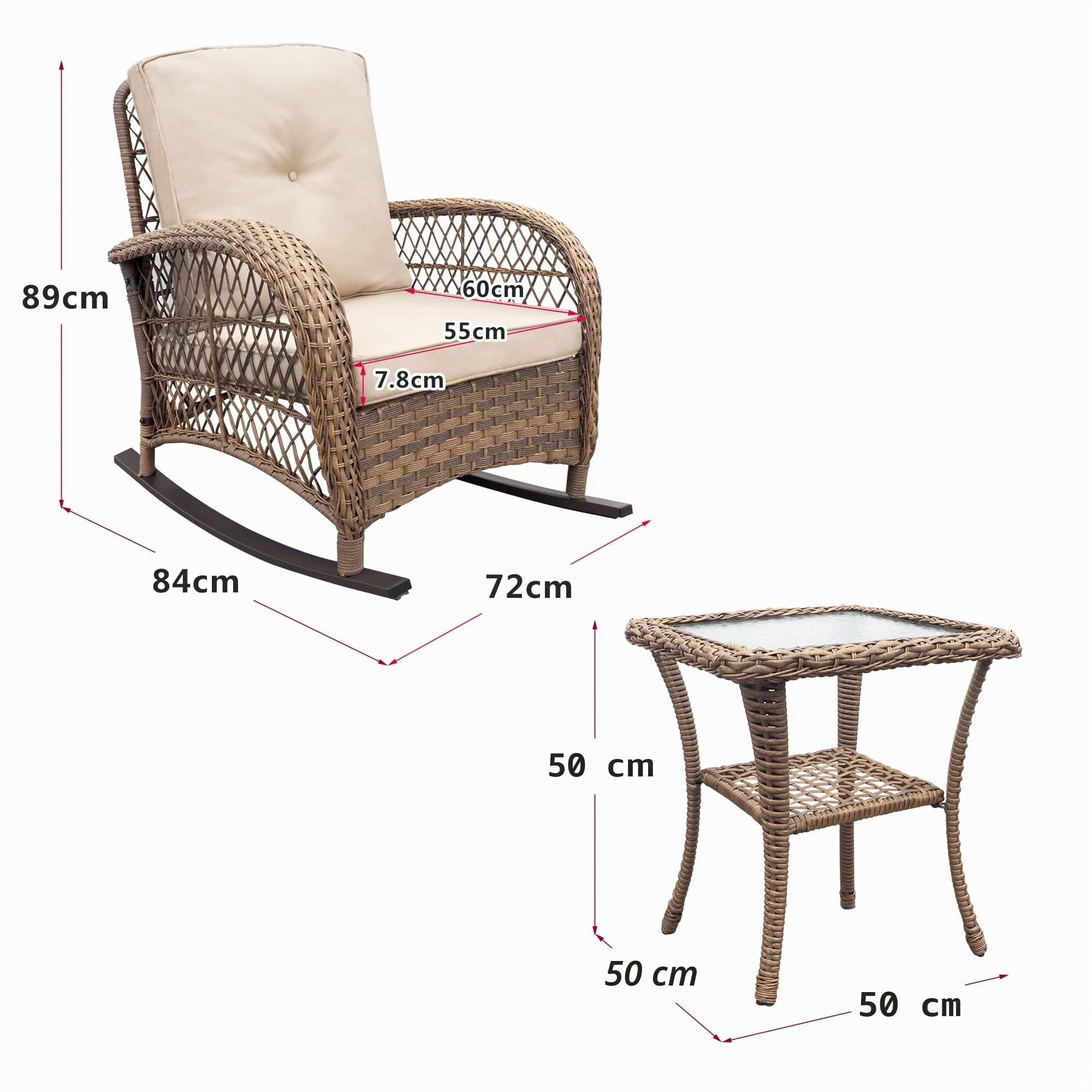 ATR Art TO Real Juego de 3 mecedoras de jardín, Juego de Muebles de conversación de ratán para Patio con Mimbre Tejido a Mano de Resina, Juego de 2 mecedoras y Mesa de café de Vidrio Templado