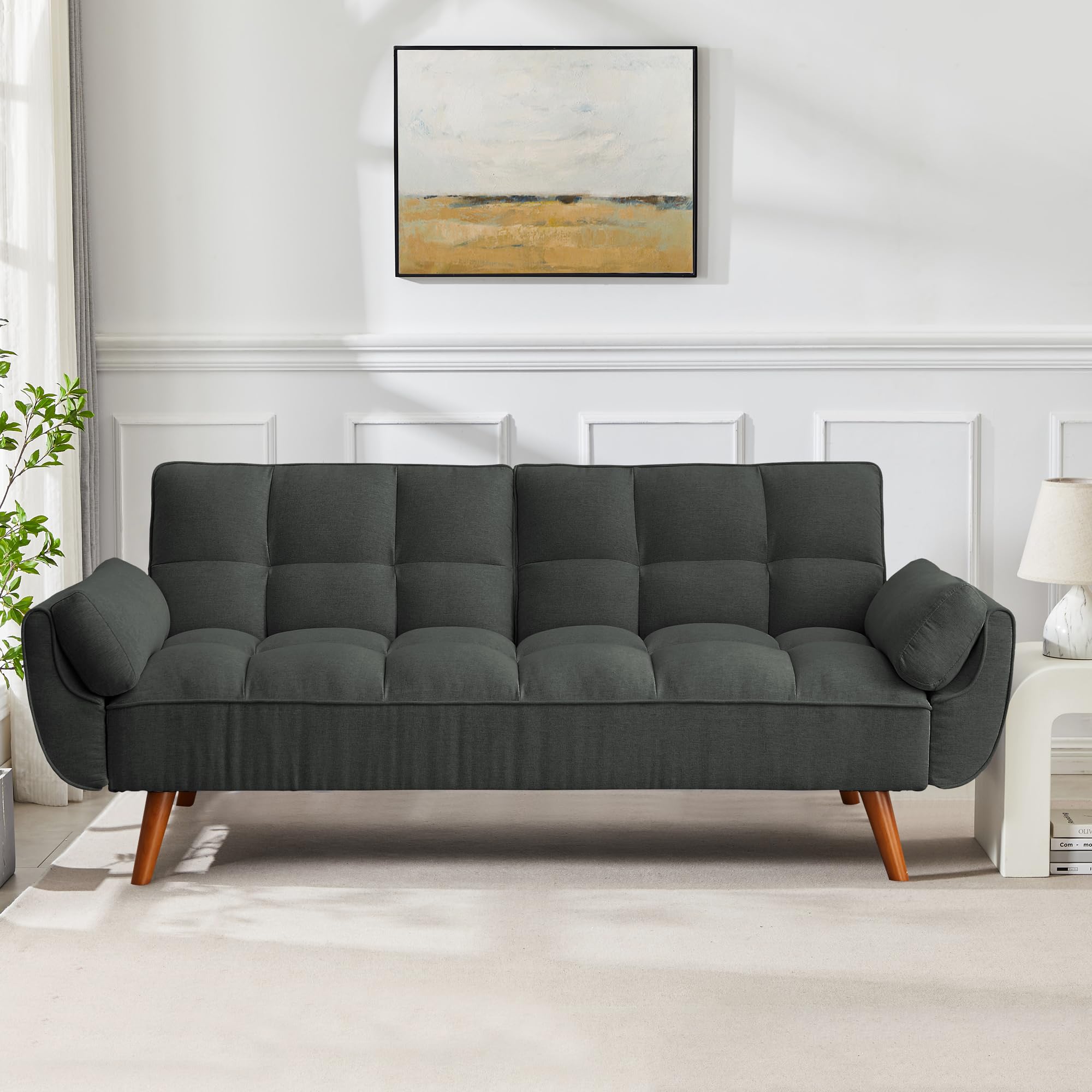 Futon Sofa Bed Modern Convertible Sleeper Sofa, 75” Linen Twin Size Futon Couch Comfy Recliner Sofa Couch with Adjustable Split Backrest for Living Room Small Spaces, Dark Grey