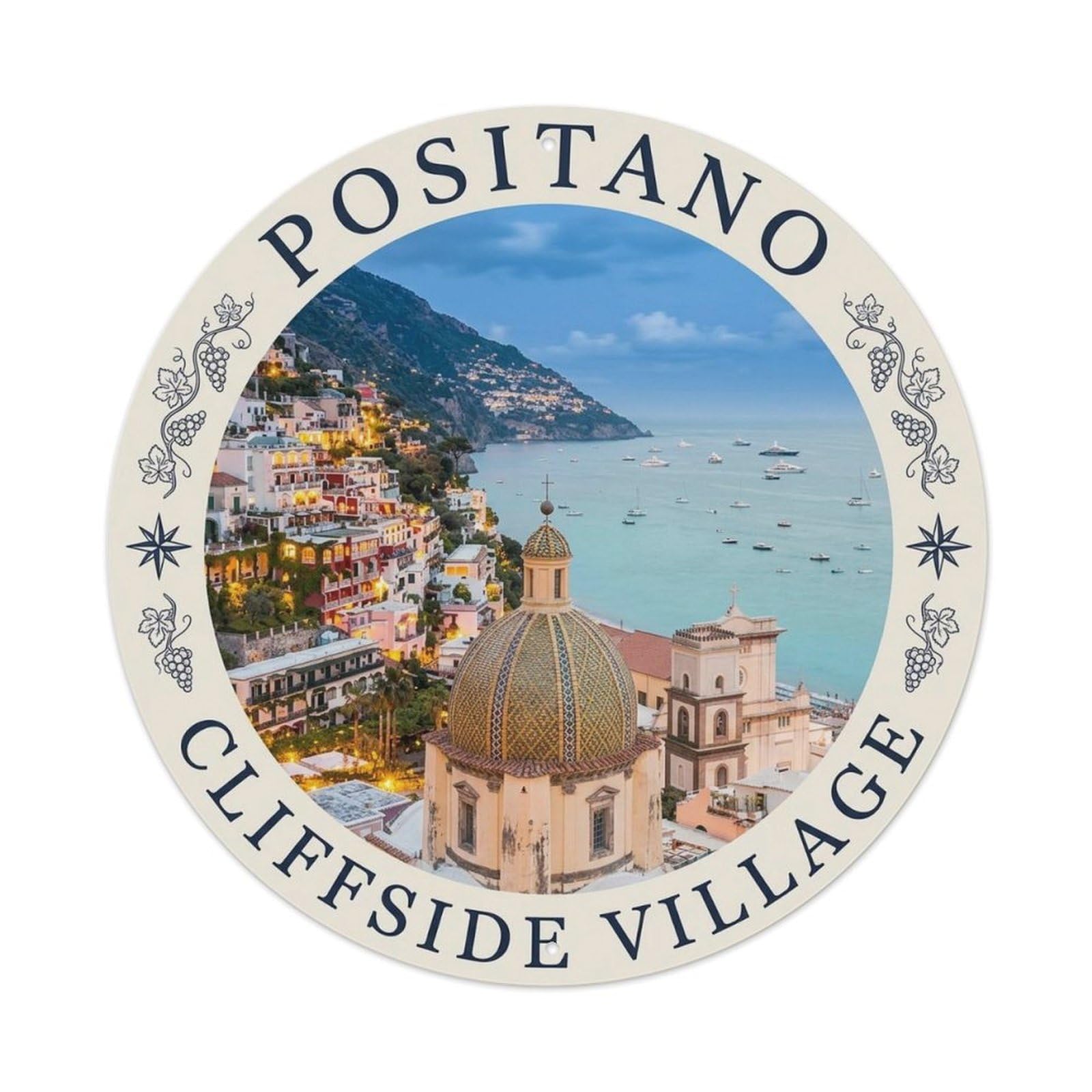 Mediterranean Positano Coastal Amalfi Coast Seaside Metal Tin Sign Plaque Wall Decor for Cafe, Man Cave, Club Bar, Office, Home Garden Round Metal Poster 8x8Inch
